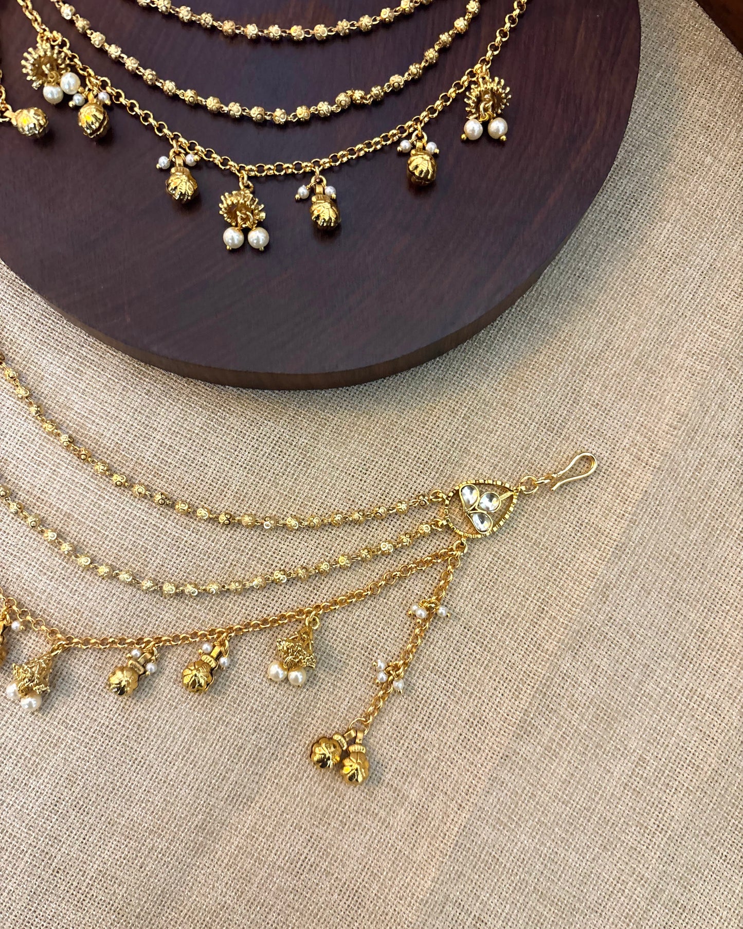 Bridal Jadau Kundan Three-Layer Ear Chain – Gold | EC074