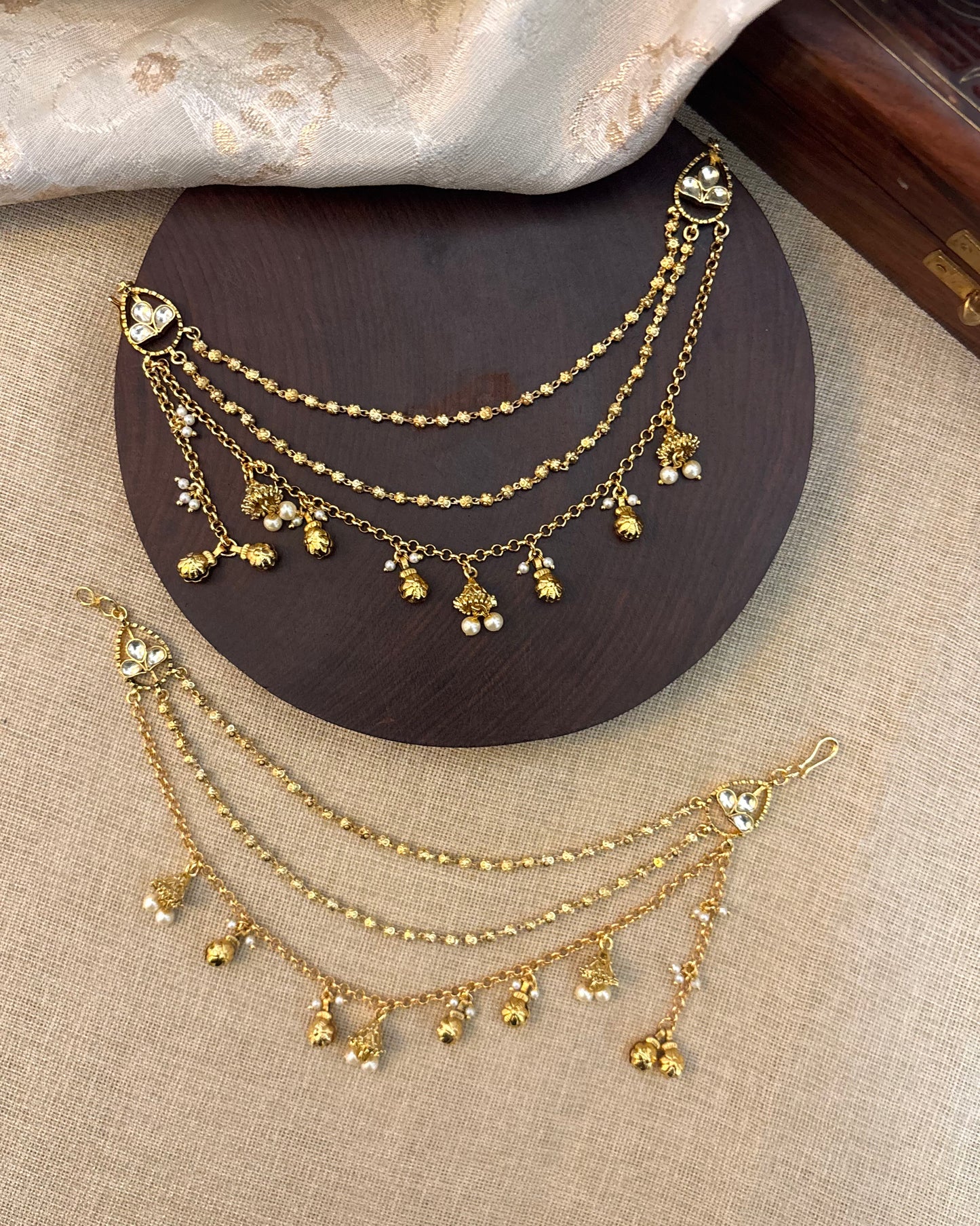 Bridal Jadau Kundan Three-Layer Ear Chain – Gold | EC074