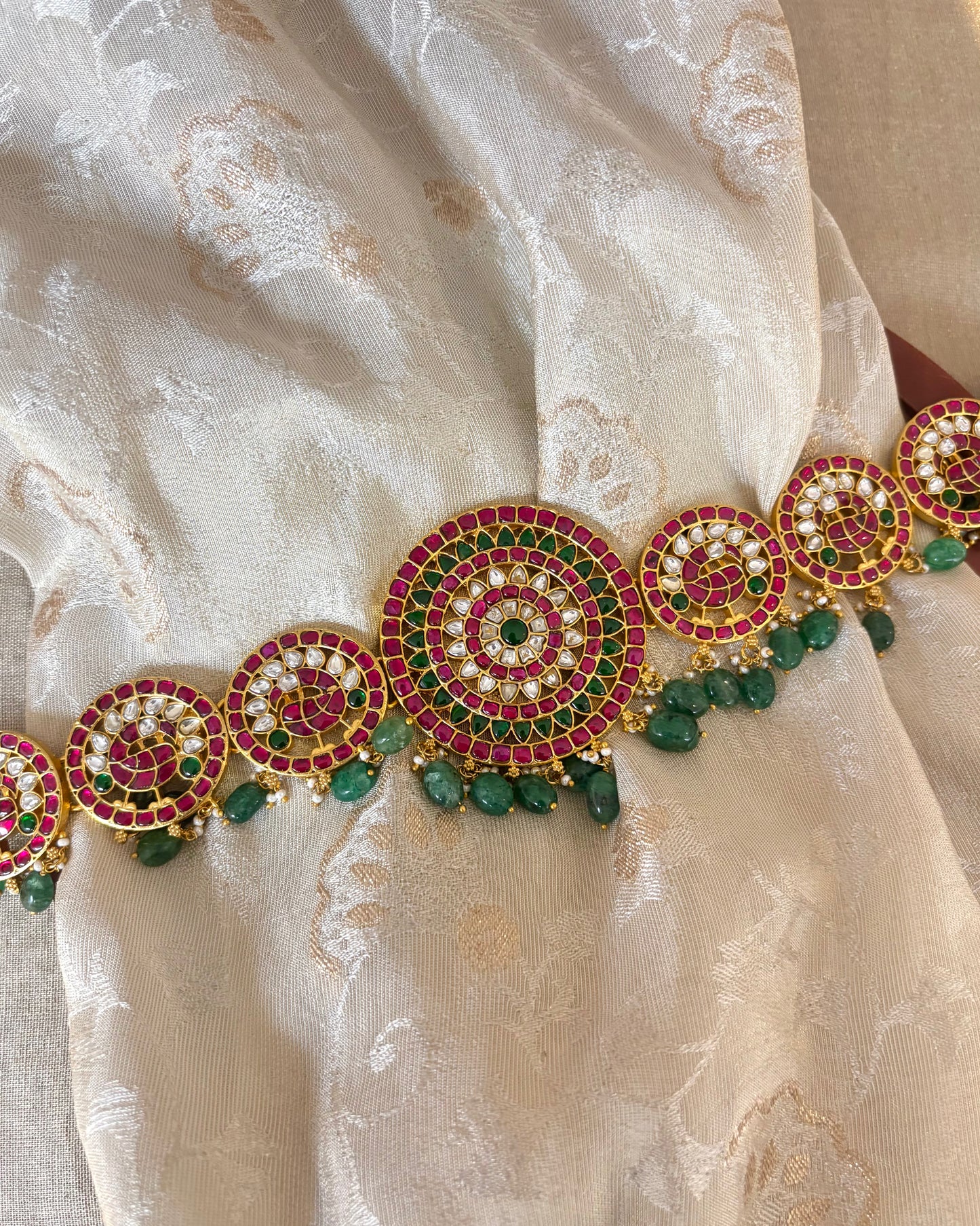 Statement Jadau Kundan Bridal Hipbelt with Peacock Floral Motifs | WB015
