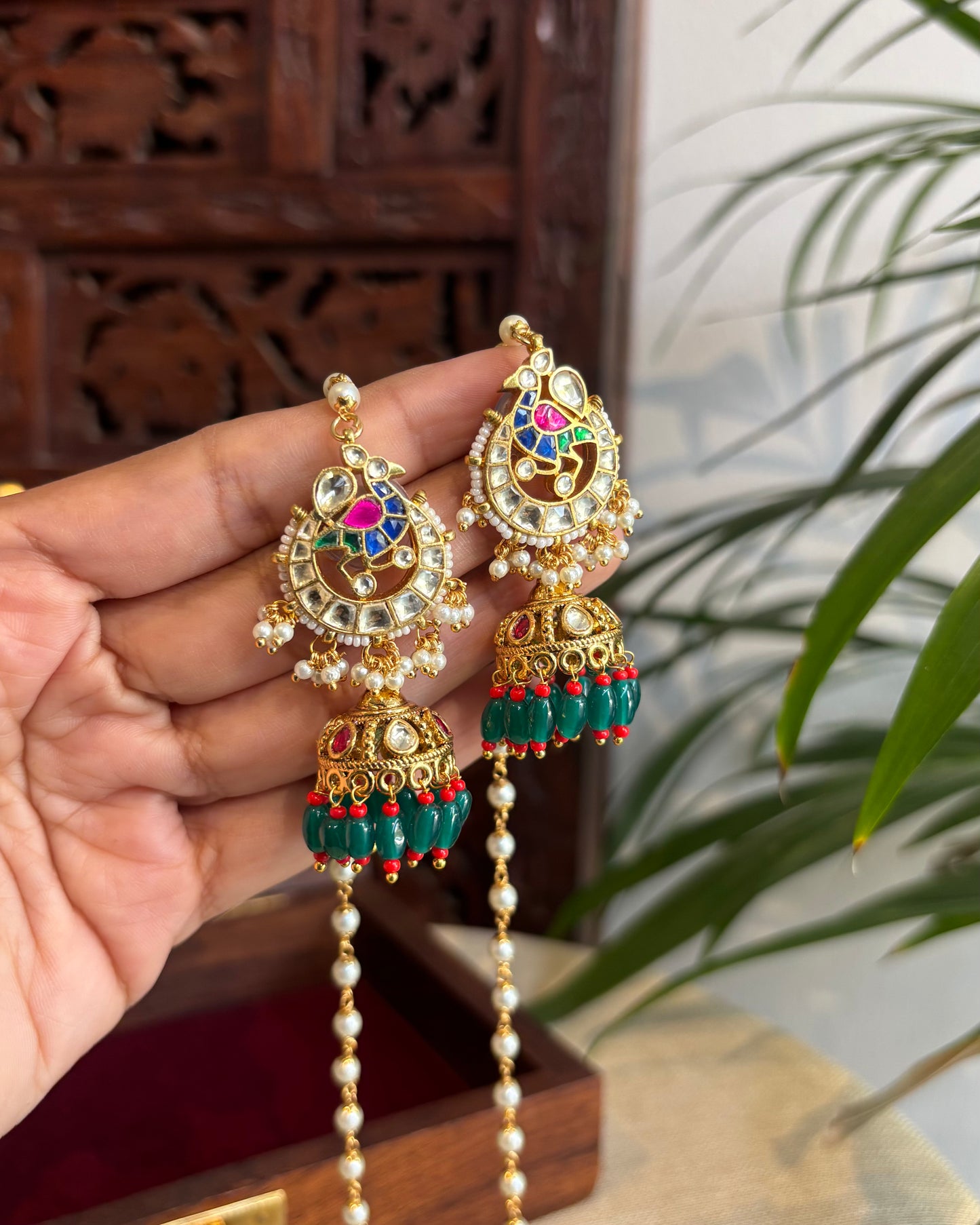 Peacock Jhumka Earrings with Pearl Ear Chain | ER234
