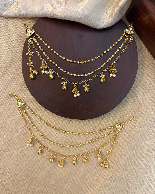 Bridal Jadau Kundan Three-Layer Ear Chain – Gold | EC074