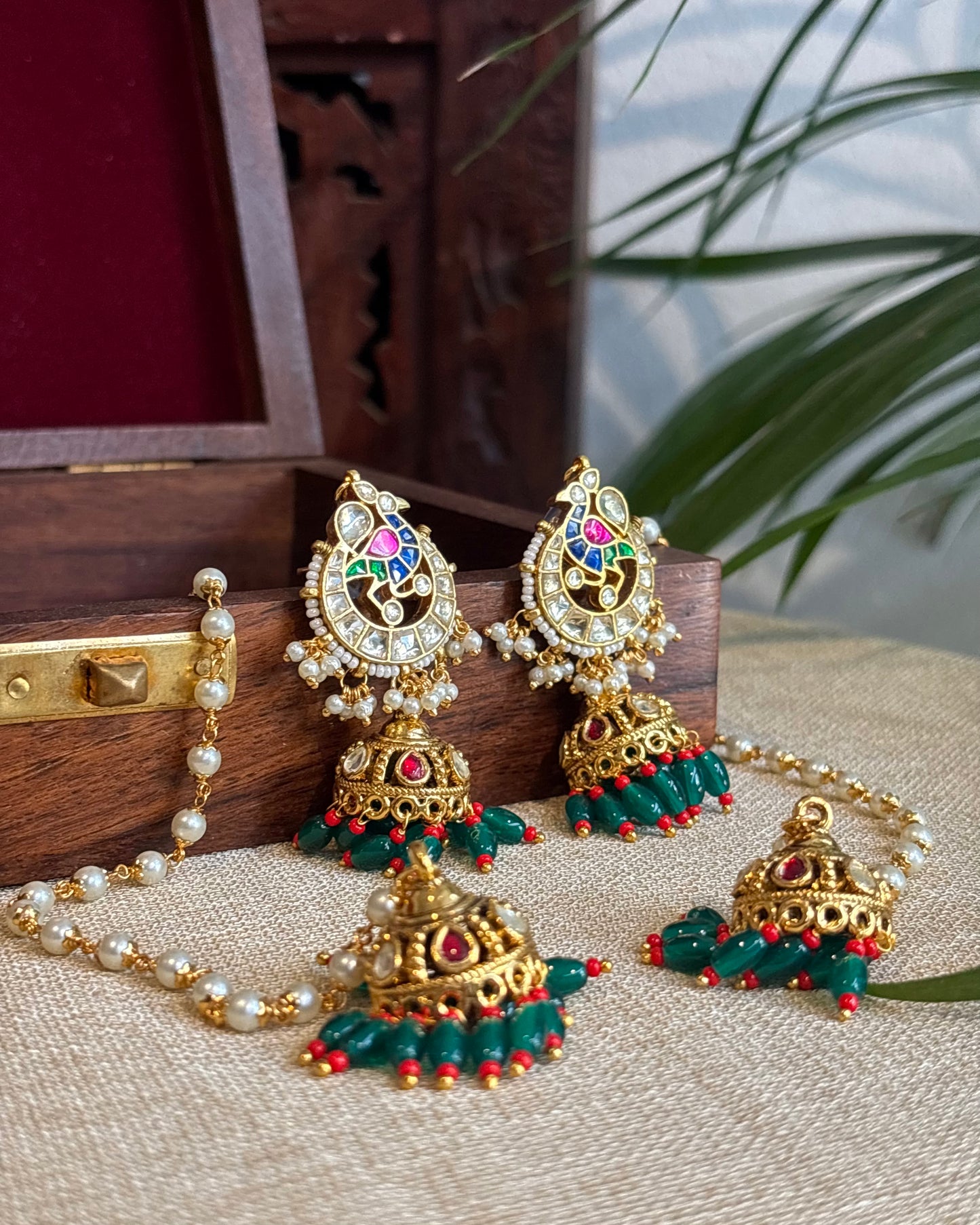 Peacock Jhumka Earrings with Pearl Ear Chain | ER234