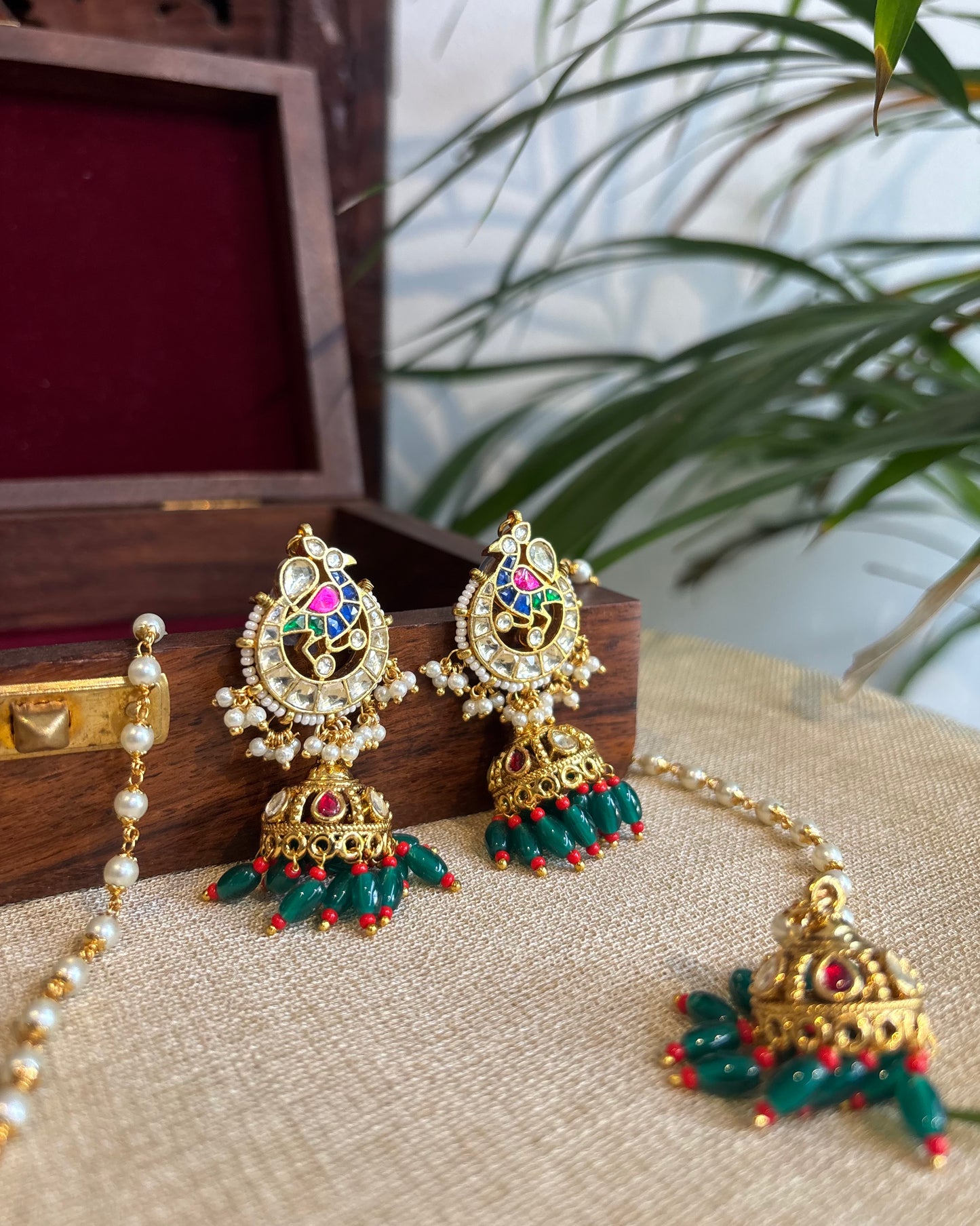 Peacock Jhumka Earrings with Pearl Ear Chain | ER234