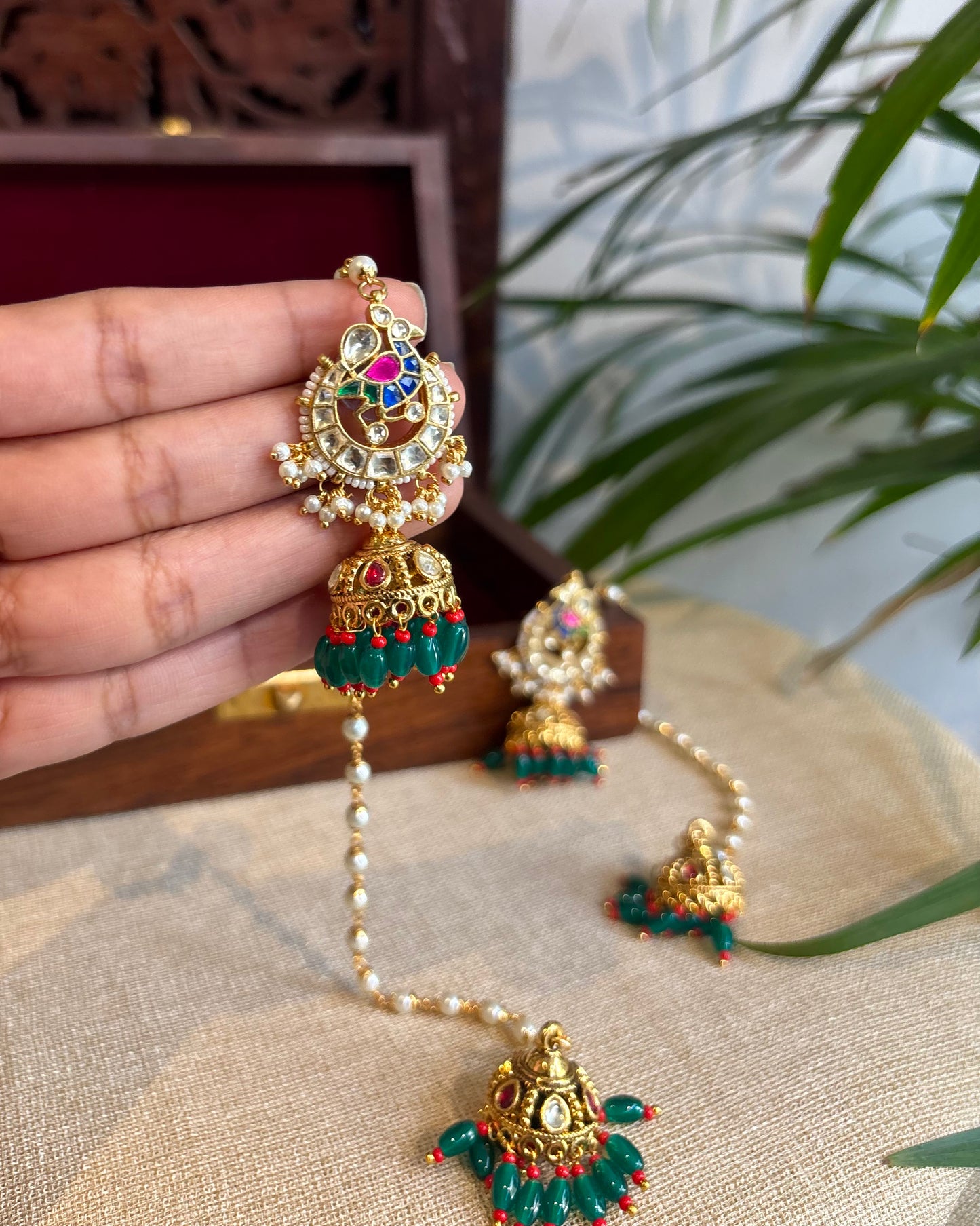 Peacock Jhumka Earrings with Pearl Ear Chain | ER234