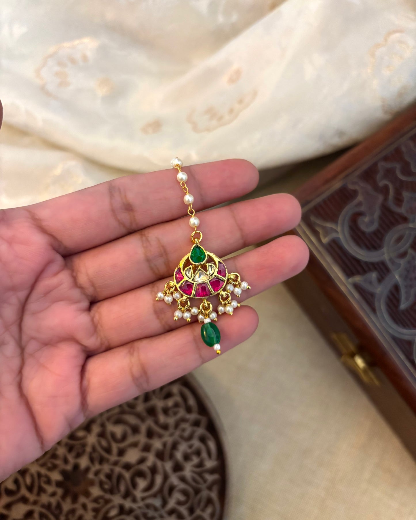 Jadau Kundan Maang Tikka with Pearl Chain | MT099