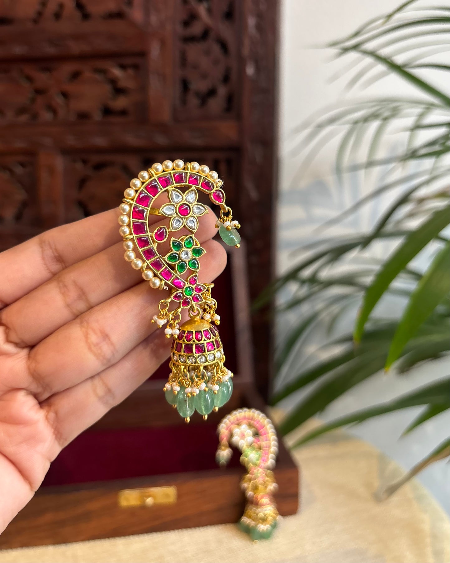 Regal Peacock Ear Cuff Jhumkas – Intricate Kundan Design | ER236