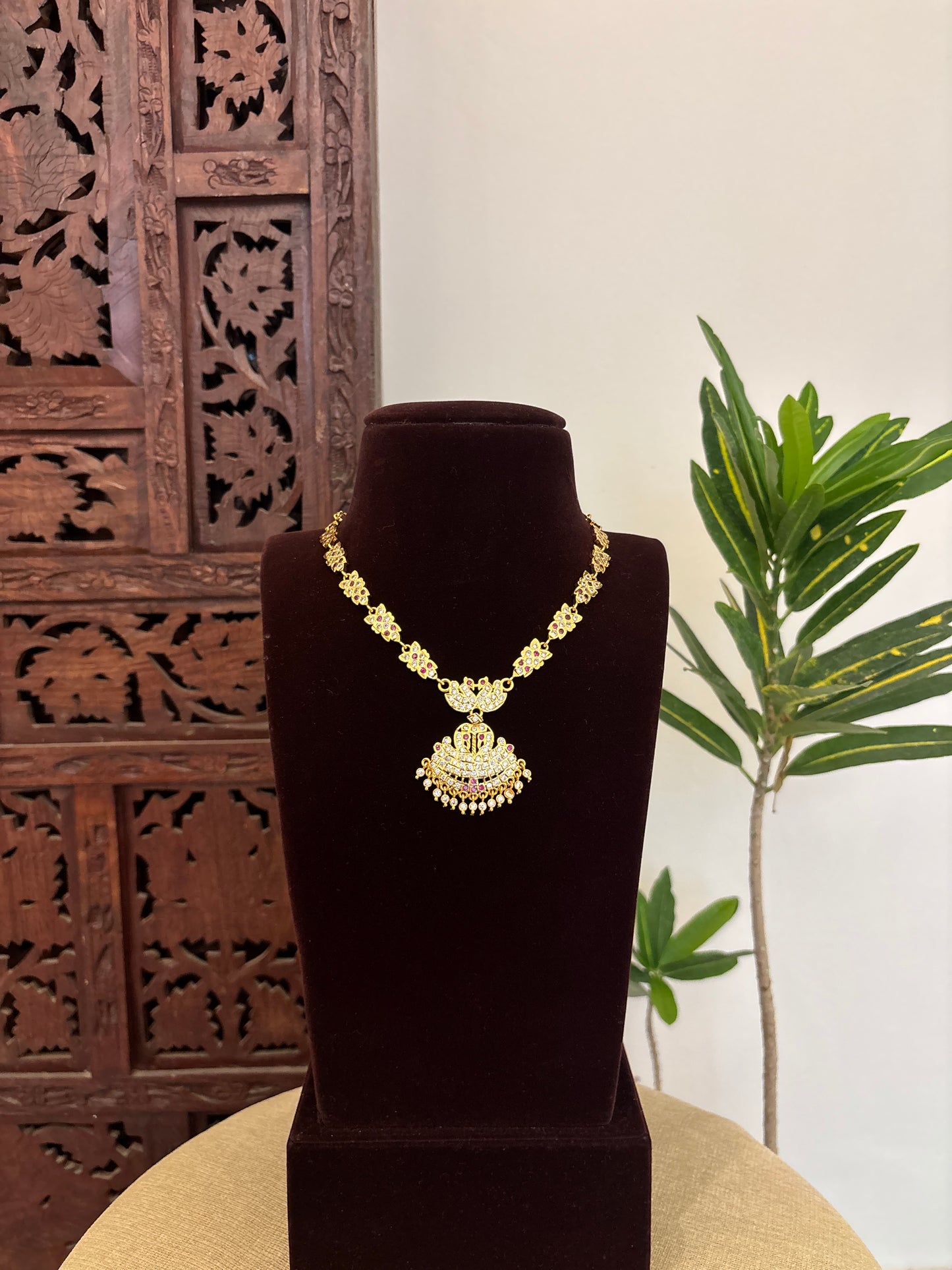 Vintage Impon Necklace With Earrings  –  Ruby & White | NC648
