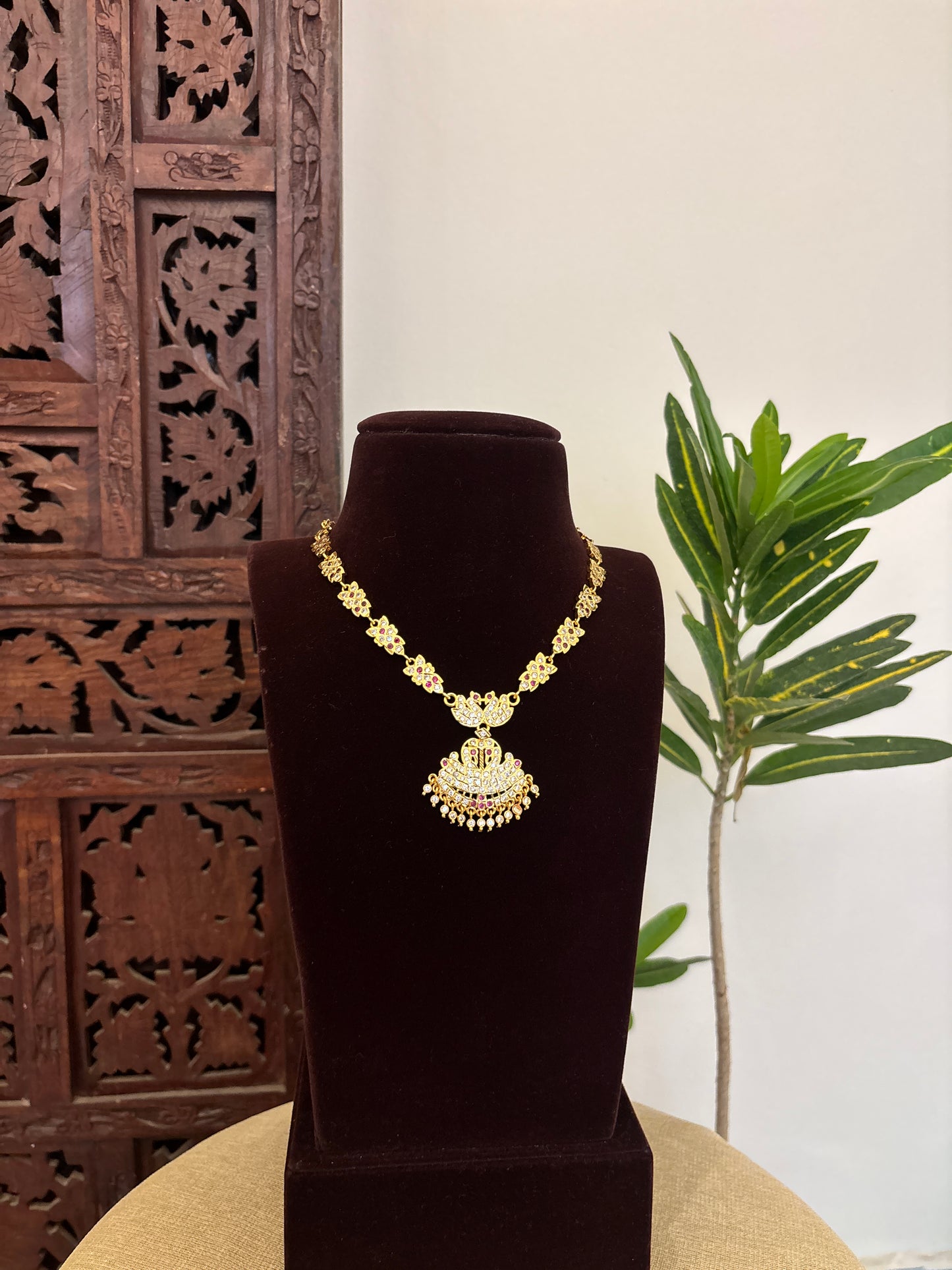 Vintage Impon Necklace With Earrings  –  Ruby & White | NC648