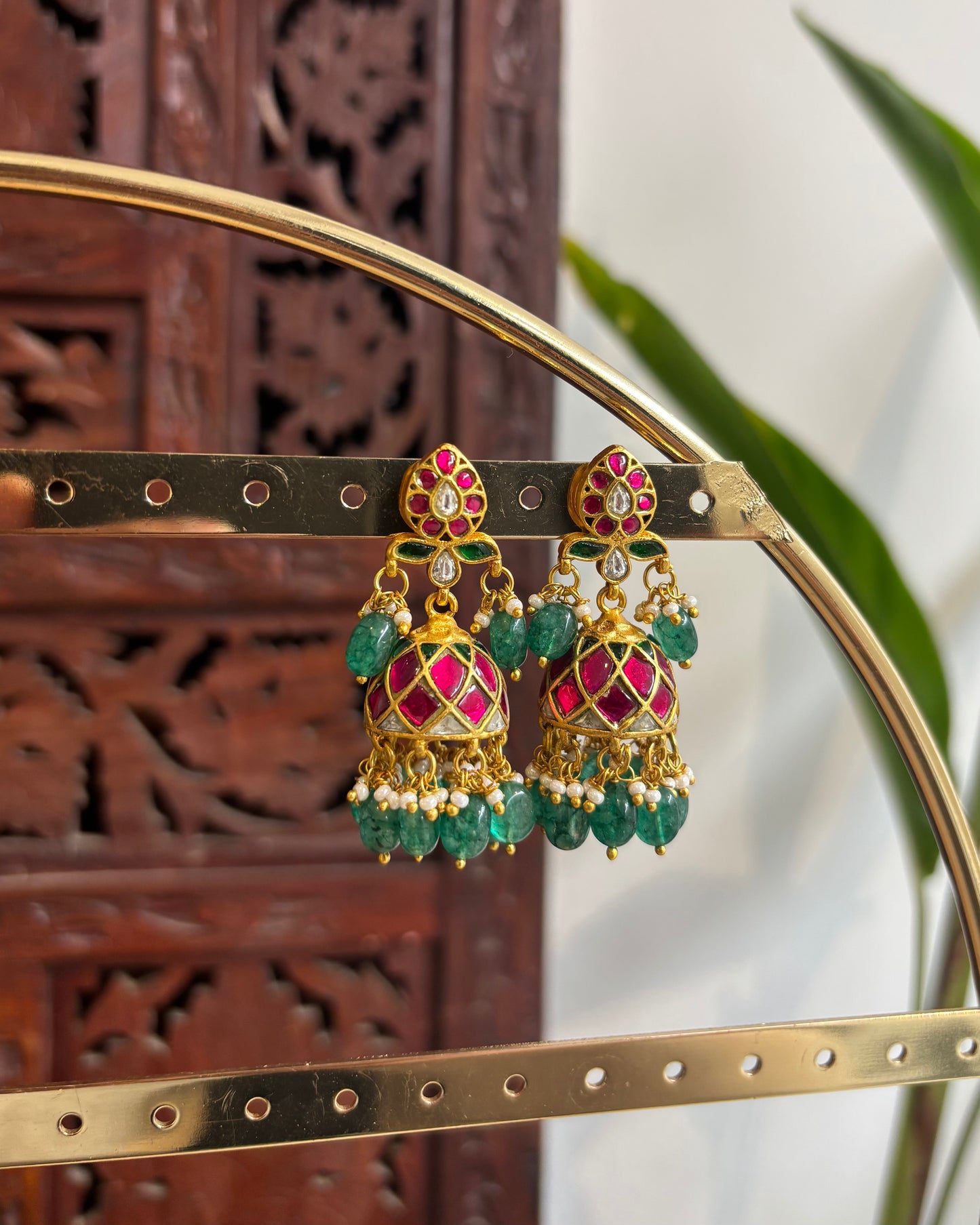 Pink Floral Jadau Kundan Jhumkas with Hangings | ER170