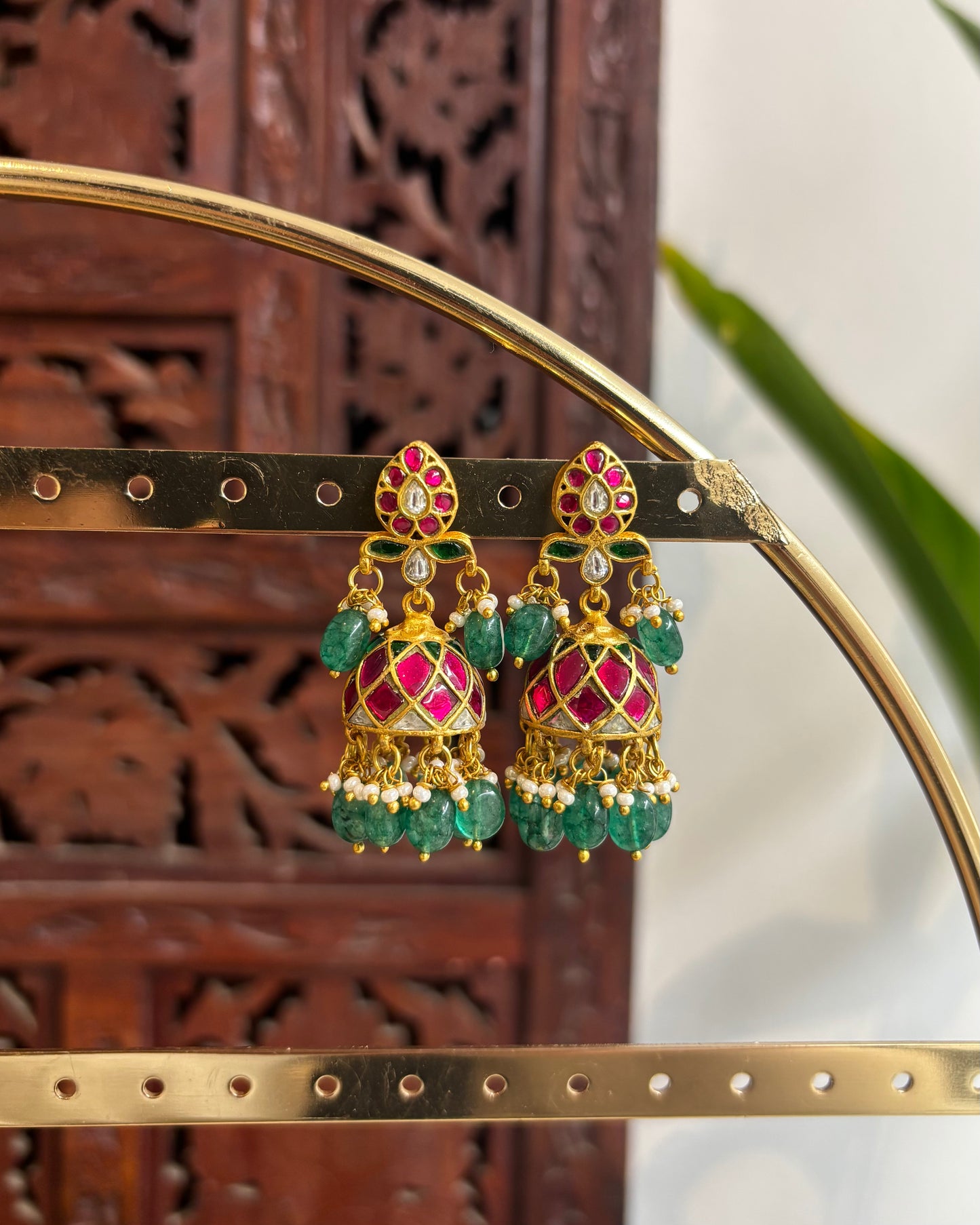 Pink Floral Jadau Kundan Jhumkas with Hangings | ER170