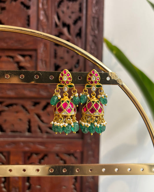 Pink Floral Jadau Kundan Jhumkas with Hangings | ER170