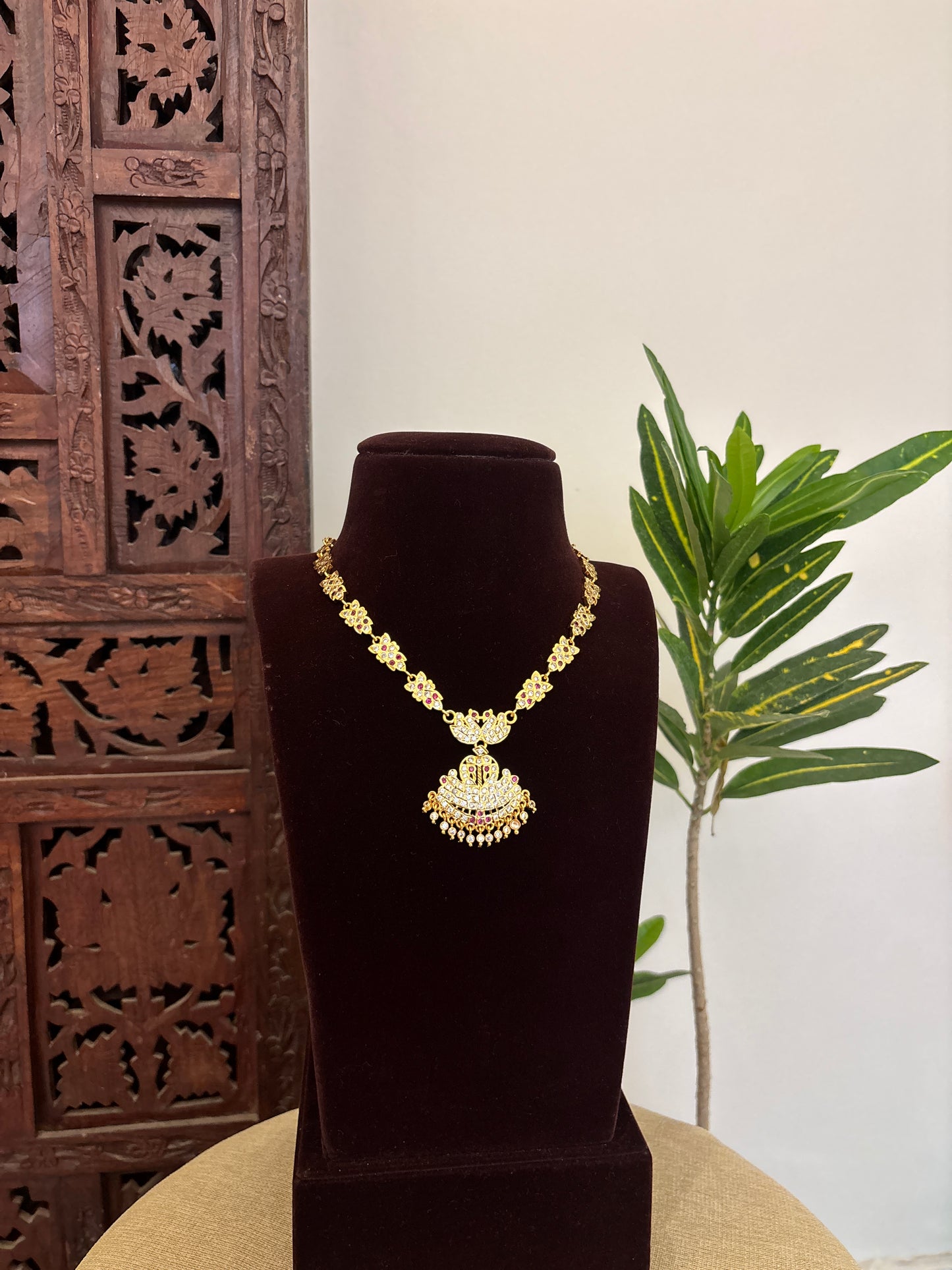 Vintage Impon Necklace With Earrings  –  Ruby & White | NC648