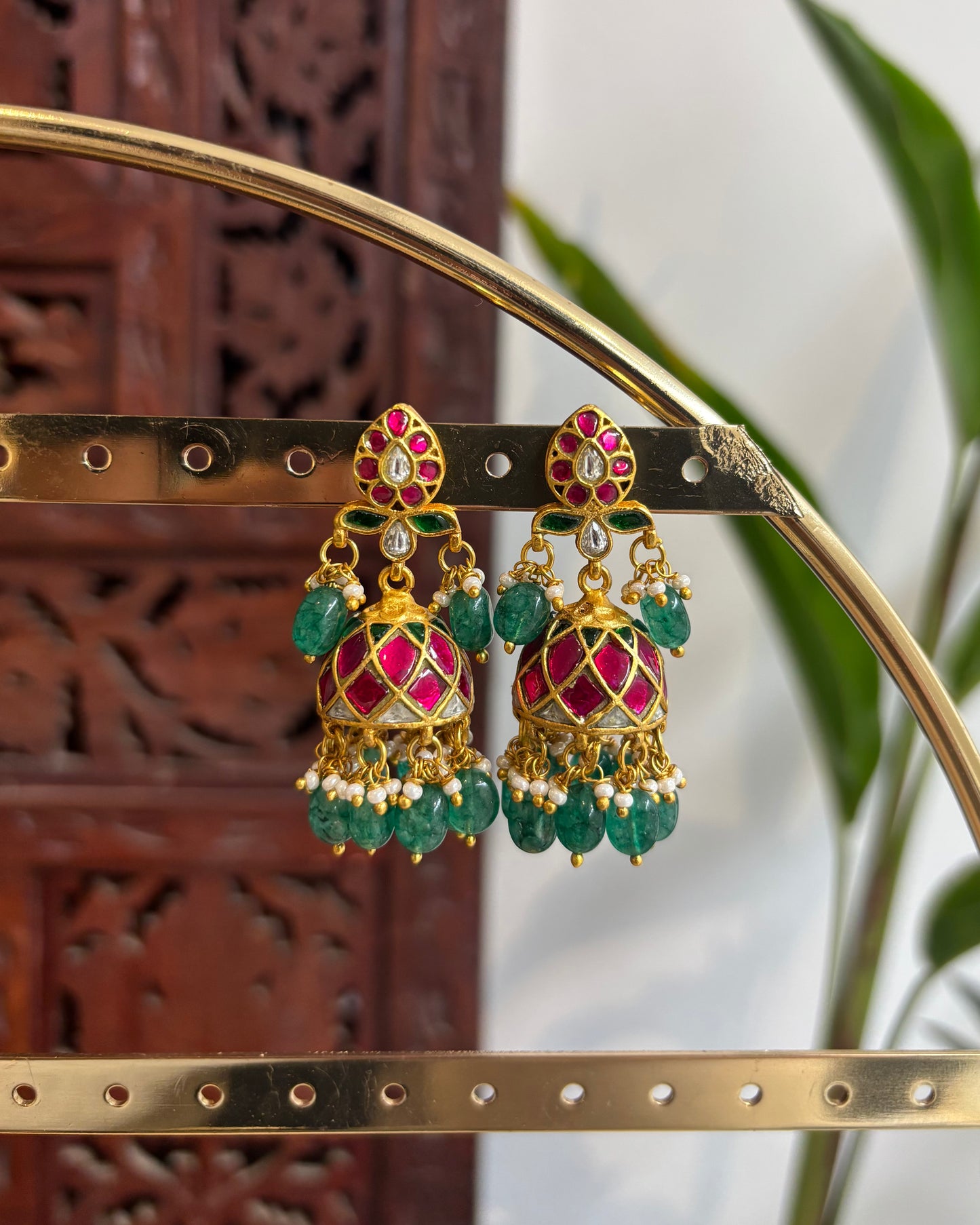 Pink Floral Jadau Kundan Jhumkas with Hangings | ER170
