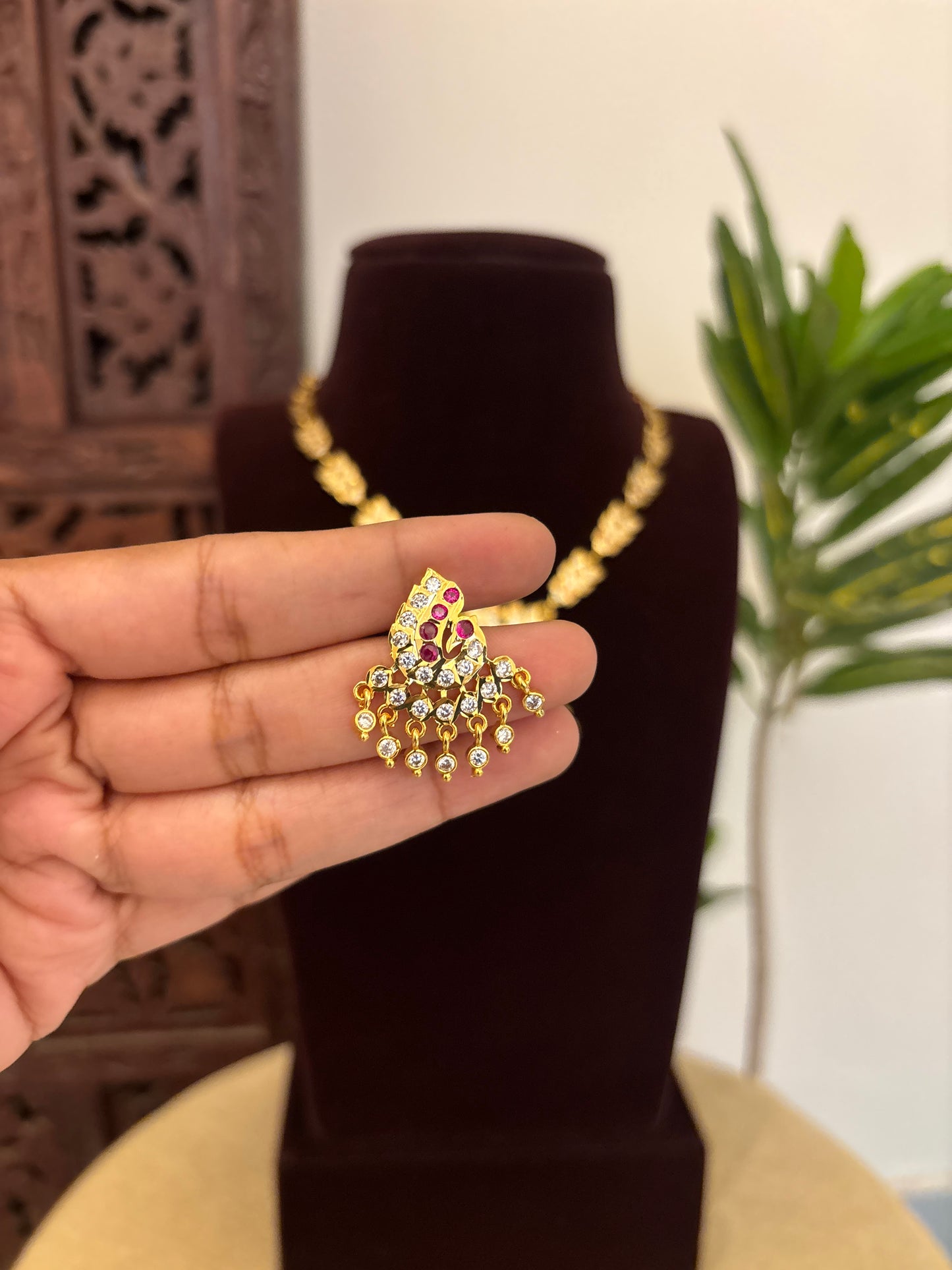 Vintage Impon Necklace With Earrings  –  Ruby & White | NC648