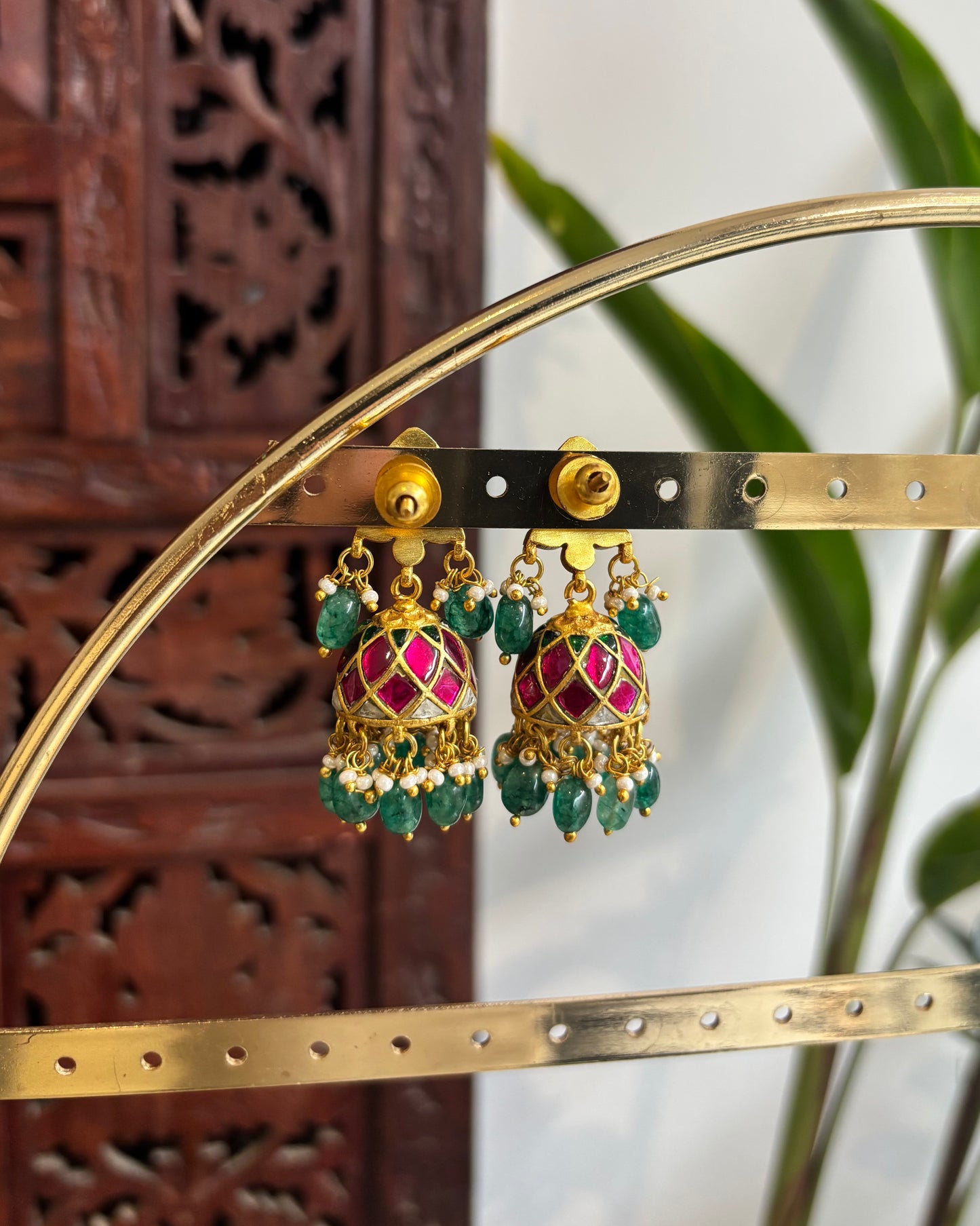 Pink Floral Jadau Kundan Jhumkas with Hangings | ER170