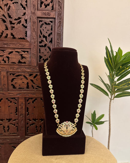 Floral Motif Impon Peacock Pendant Attigai Necklace – Multi Colour | NC652