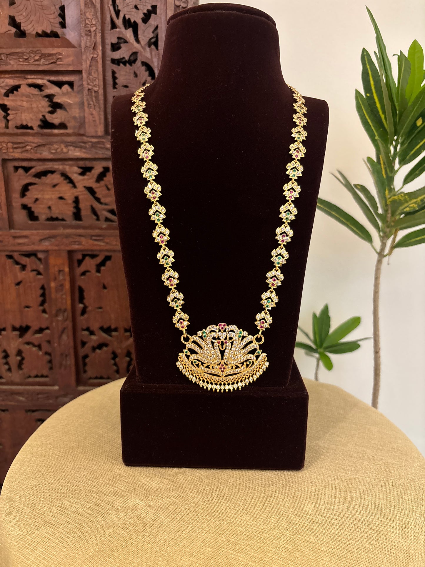 Floral Motif Impon Peacock Pendant Attigai Necklace – Multi Colour | NC652