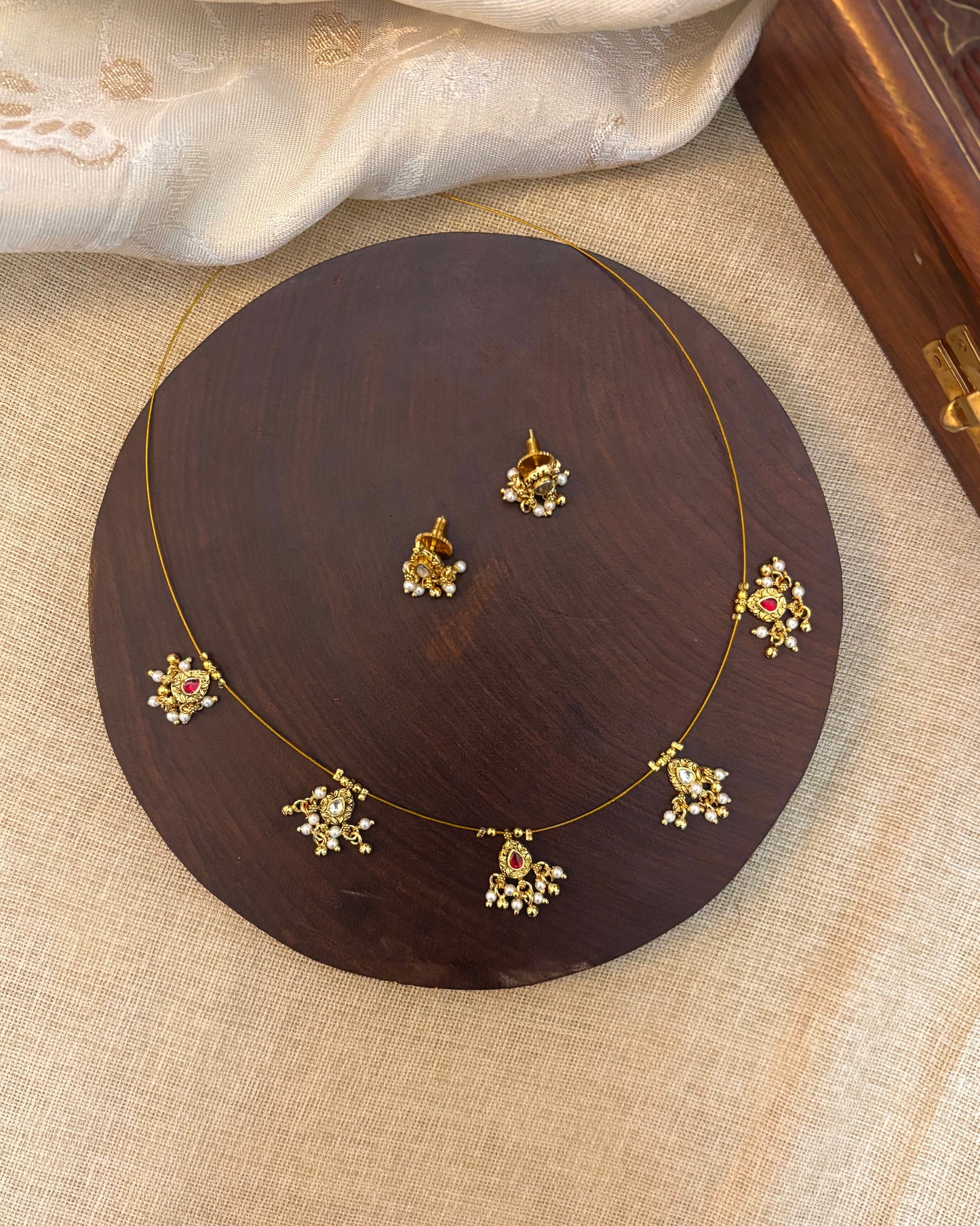 Antique Jadau Kundan Invisible Chain Necklace with Earrings | NC132
