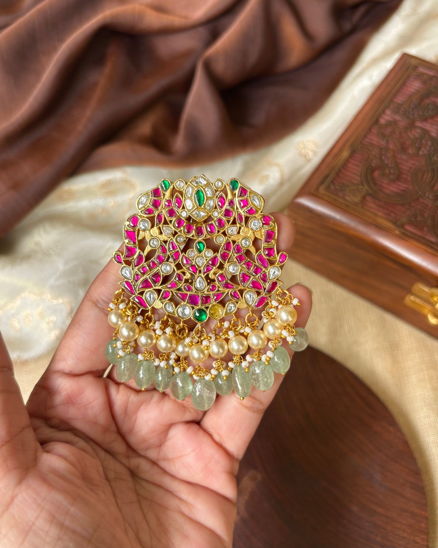 Floral Peacock Jadau Pendant with Pearls and Green Beads | HA067