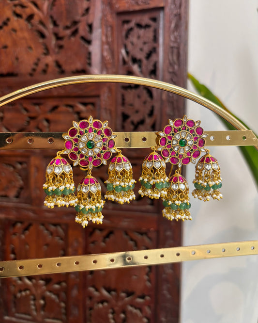 Jadau Kundan Floral Bridal Jhumkas – Triple Jhumka Statement Earrings | ER169