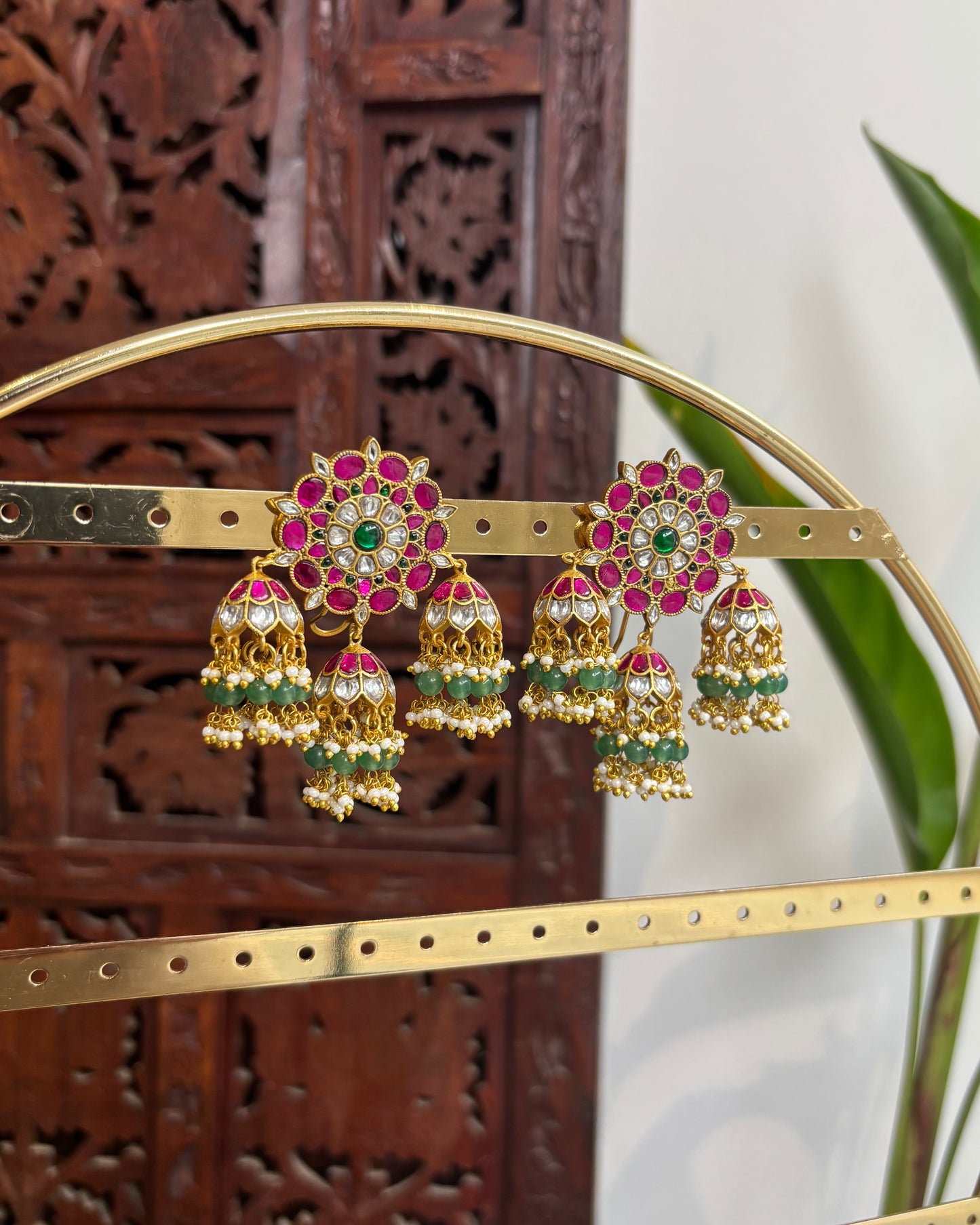 Jadau Kundan Floral Bridal Jhumkas – Triple Jhumka Statement Earrings | ER169