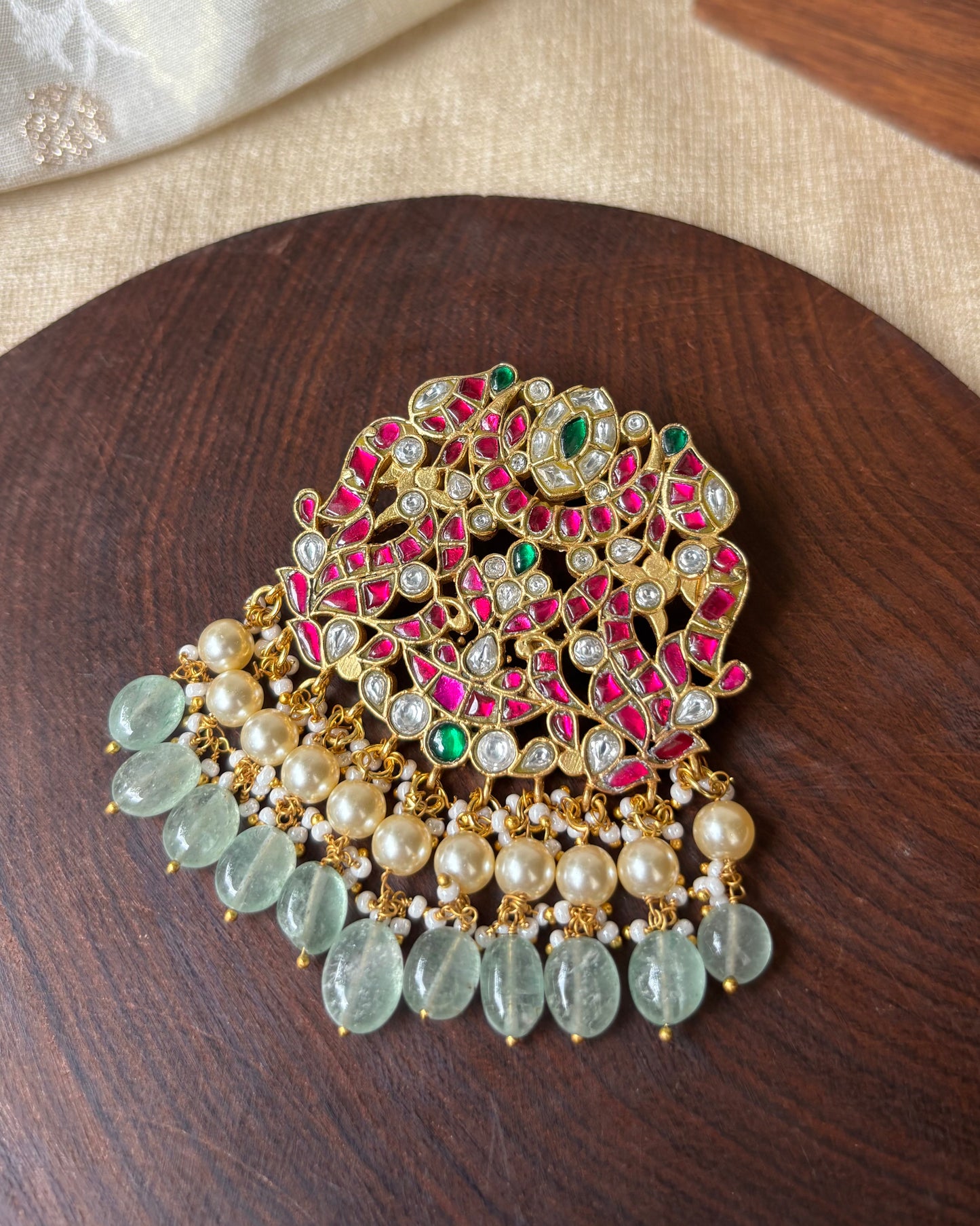 Floral Peacock Jadau Pendant with Pearls and Green Beads | HA067