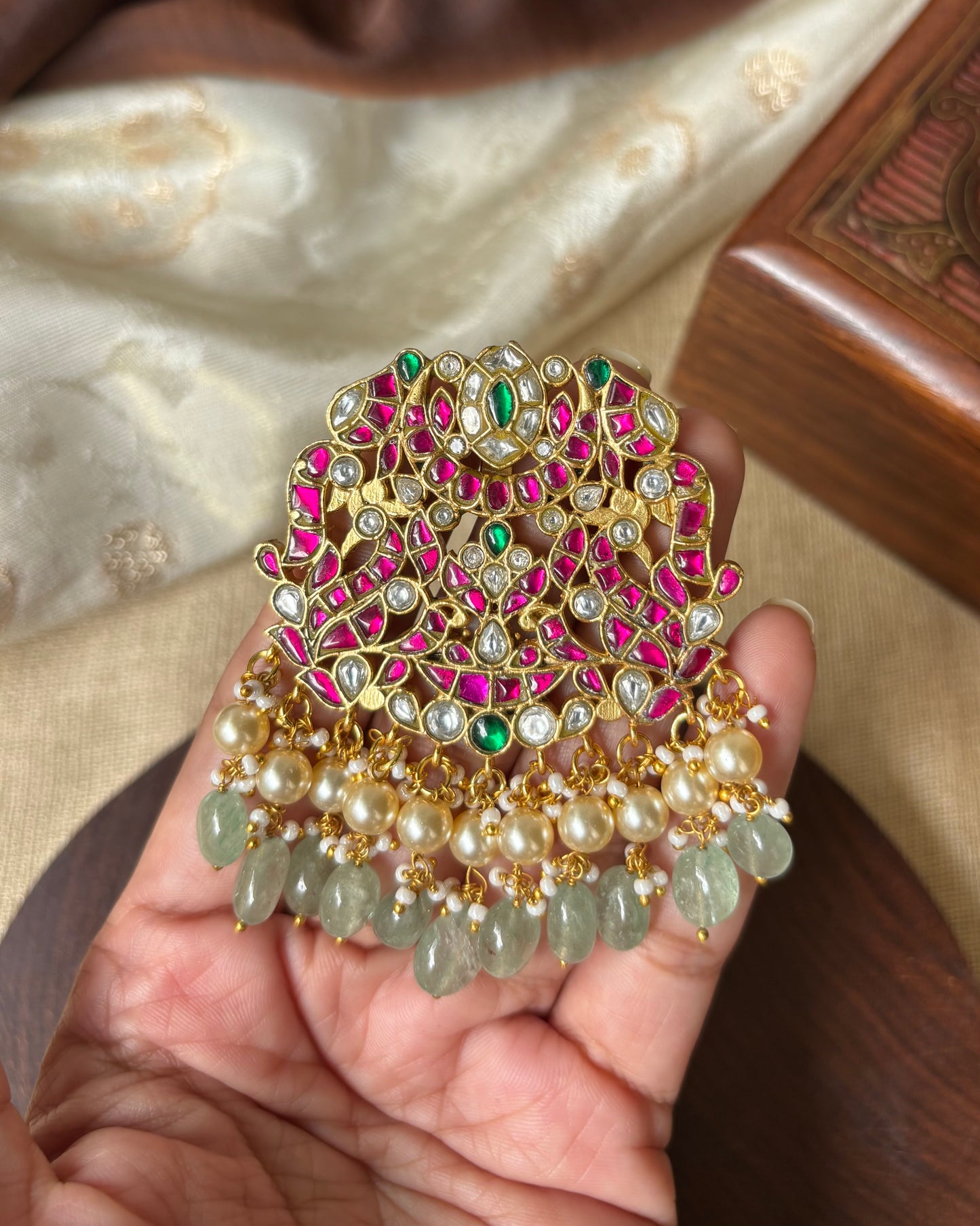 Floral Peacock Jadau Pendant with Pearls and Green Beads | HA067
