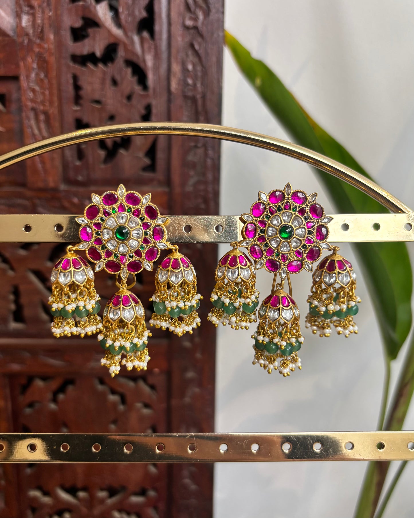 Jadau Kundan Floral Bridal Jhumkas – Triple Jhumka Statement Earrings | ER169