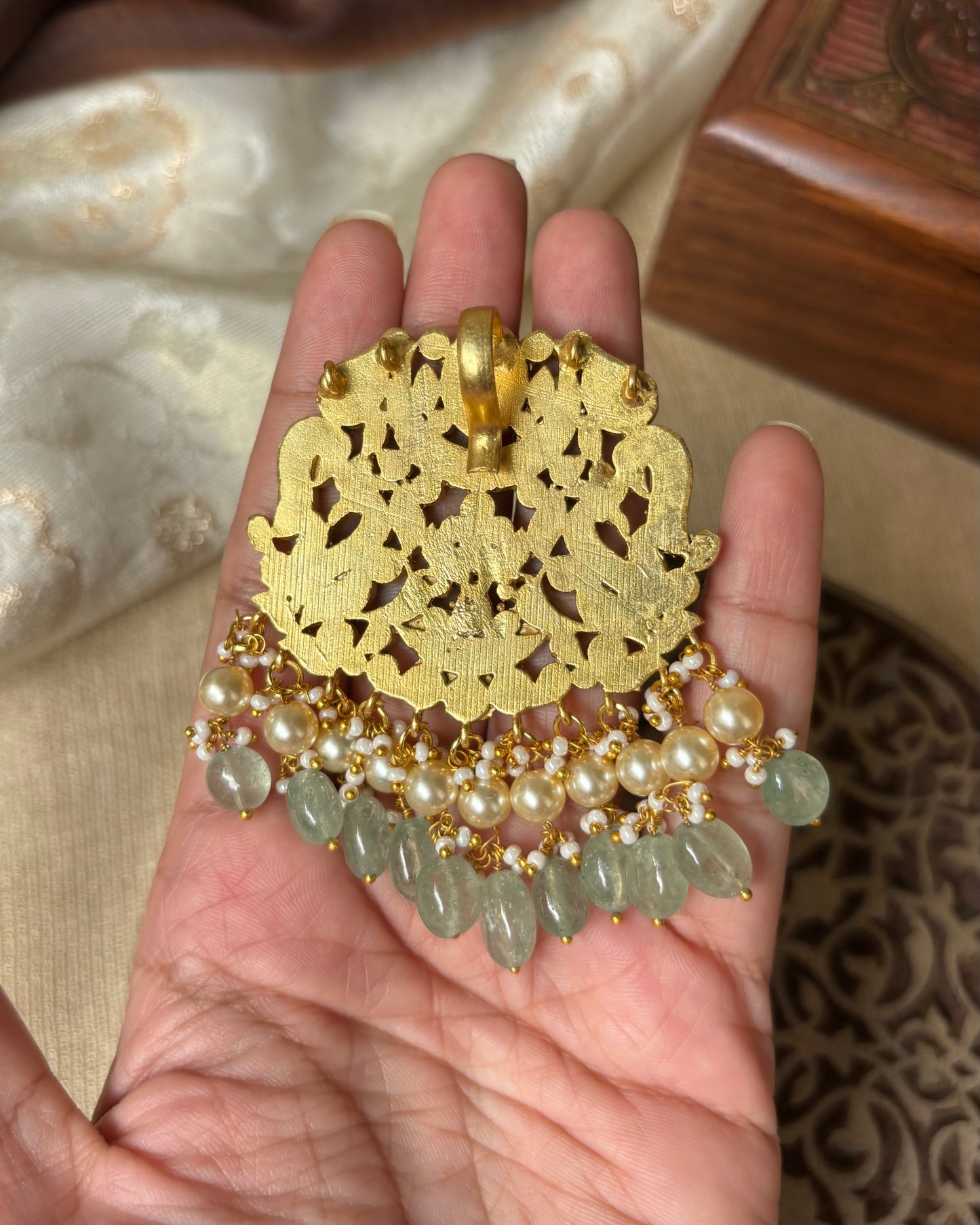 Floral Peacock Jadau Pendant with Pearls and Green Beads | HA067