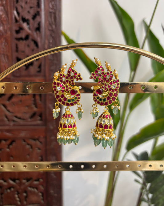 Handcrafted Peacock Jadau Kundan Jhumkas  – Statement Earrings | ER174