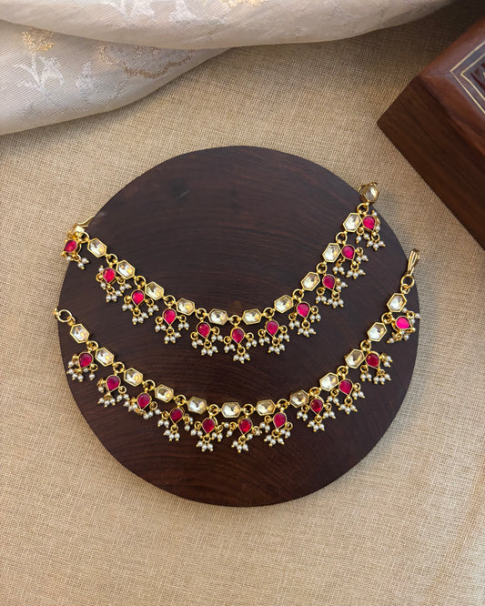 Ruby White Kundan Single Layer Ear Chain with Pearl Drops – Gold Plated | EC075