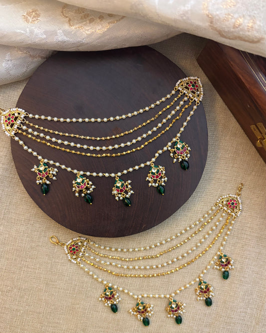 Jadau Kundan Pearl & Green Floral Motif Three-Layer Ear Chain – Statement Bridal Jewellery | EC076