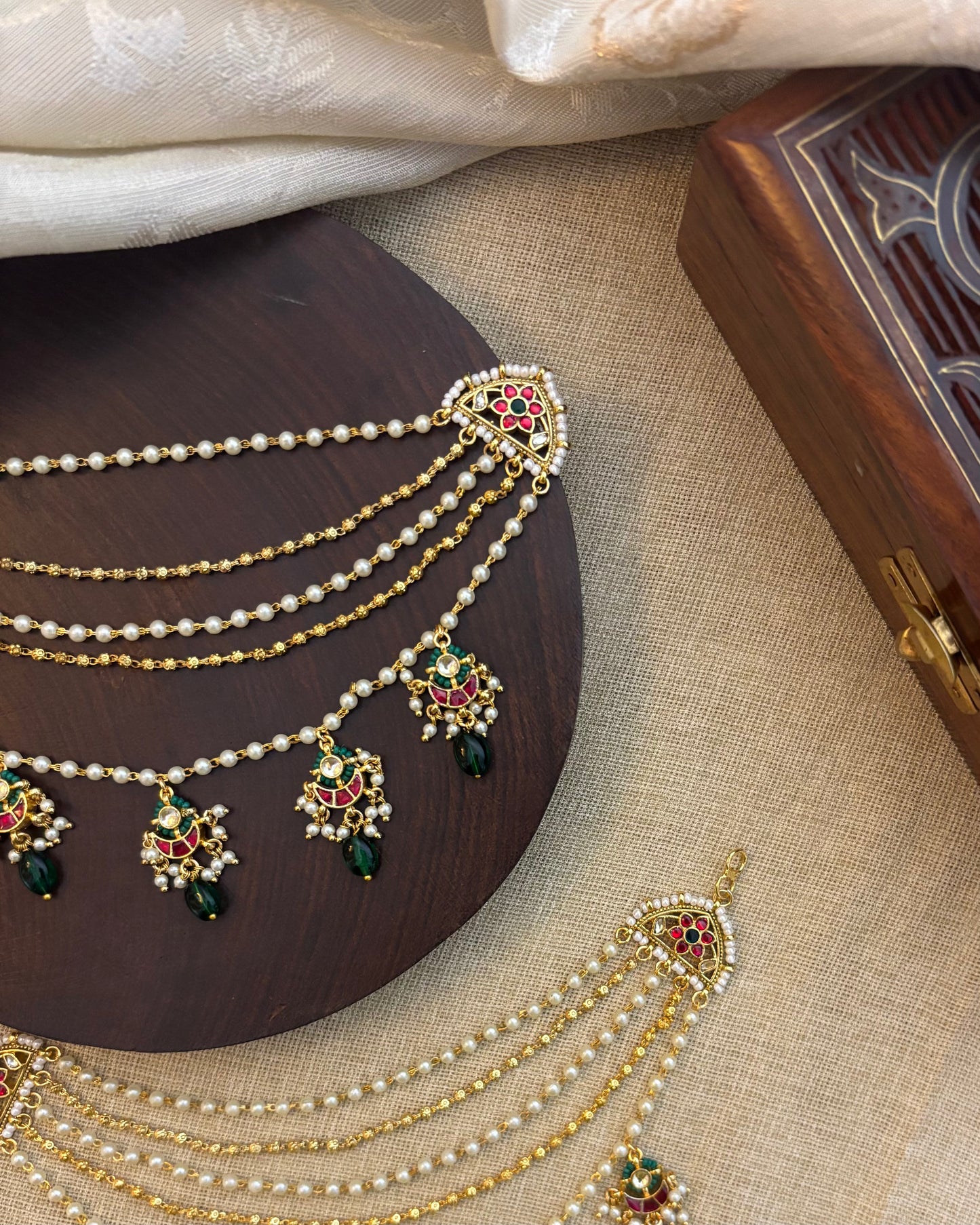 Jadau Kundan Pearl & Green Floral Motif Three-Layer Ear Chain – Statement Bridal Jewellery | EC076