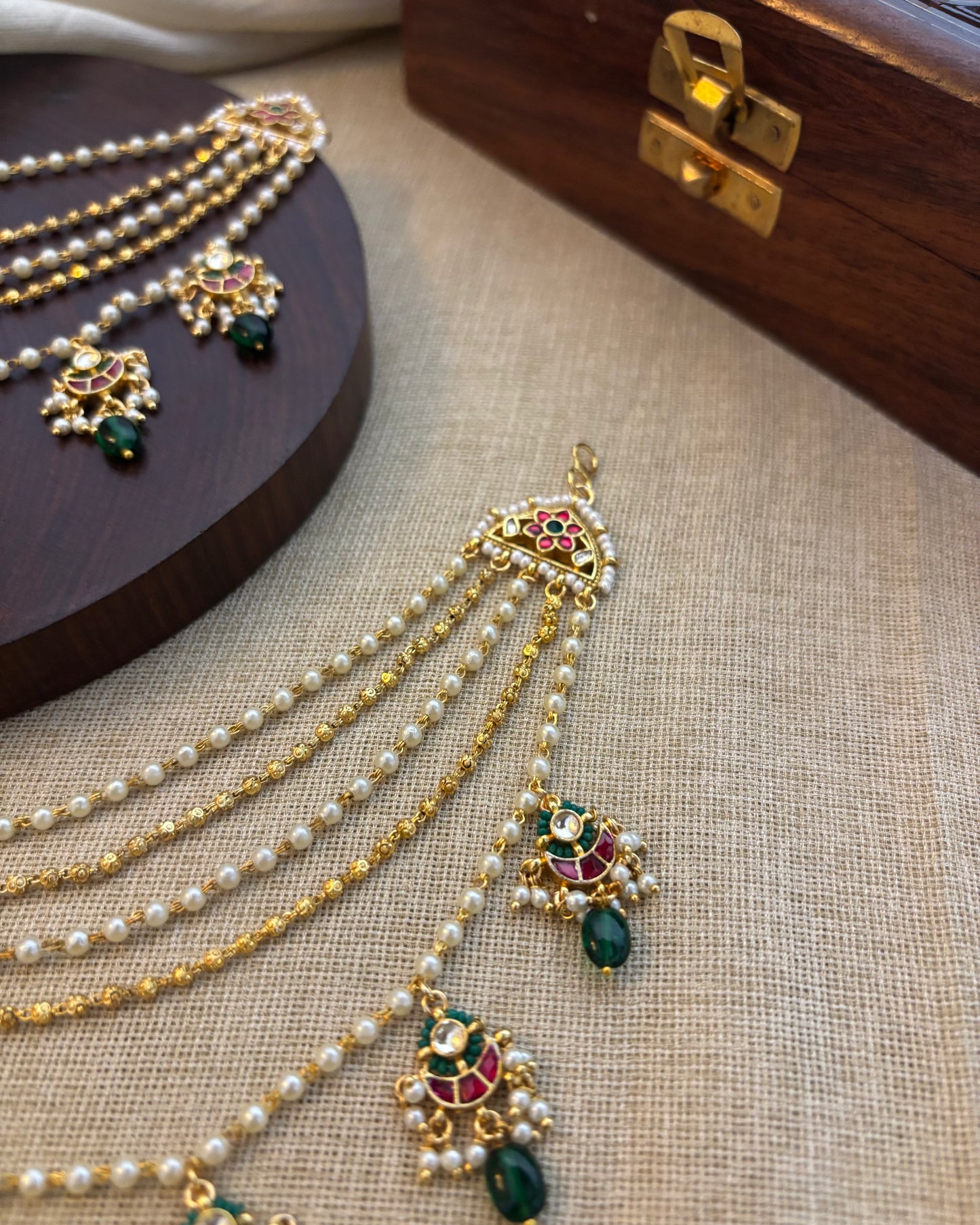 Jadau Kundan Pearl & Green Floral Motif Three-Layer Ear Chain – Statement Bridal Jewellery | EC076