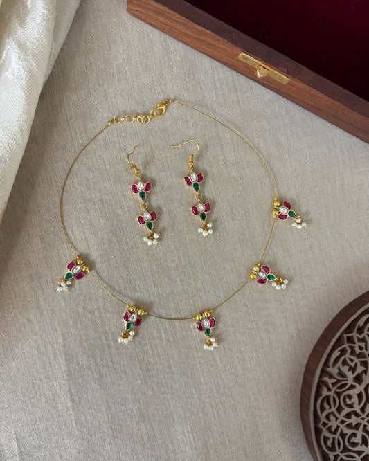 Jadau Kundan Invisible Chain Necklace with Earrings | Multi Colour | NC566