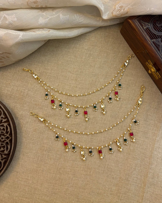 Minimal Multicolor Jadau Kundan Pearl Ear Chain – Green & White | EC078