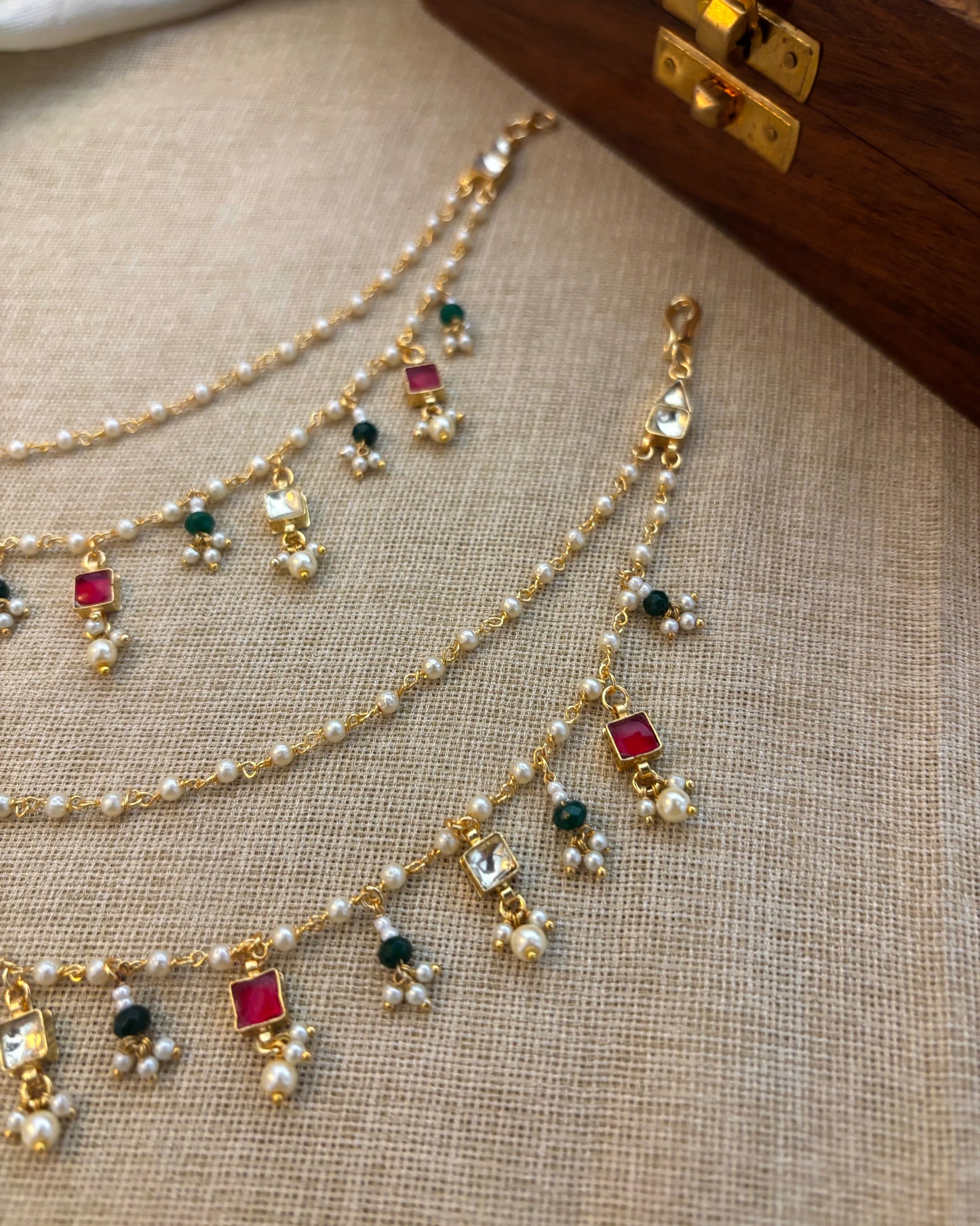 Minimal Multicolor Jadau Kundan Pearl Ear Chain – Green & White | EC078