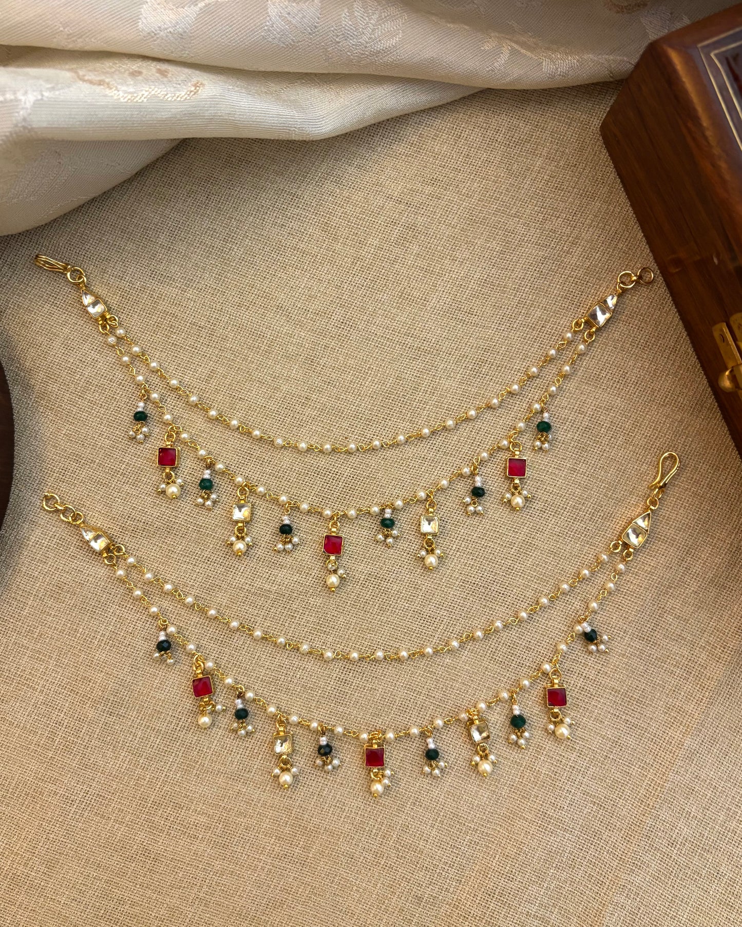 Minimal Multicolor Jadau Kundan Pearl Ear Chain – Green & White | EC078
