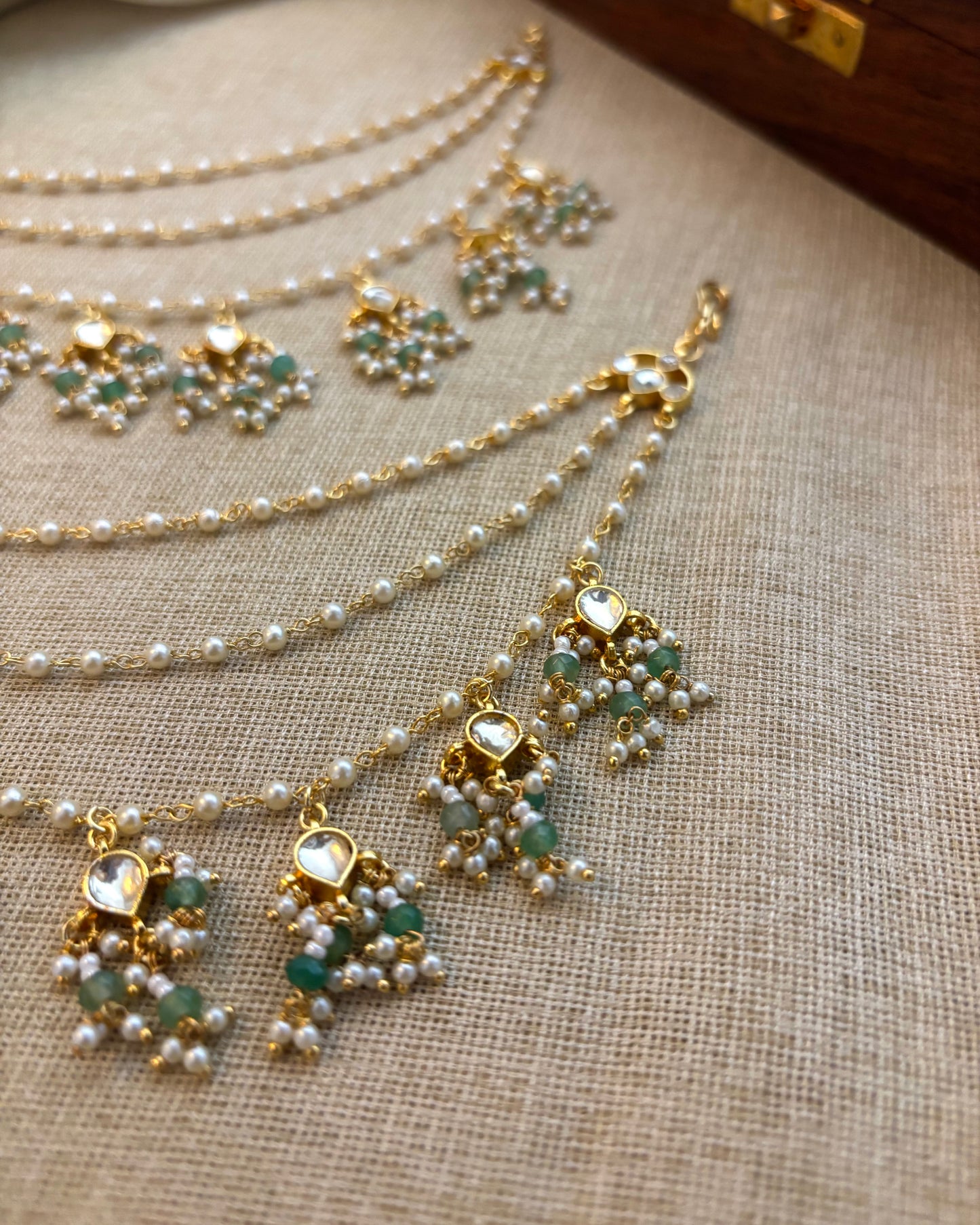 Three Layer Gold Plated Pearl Kundan Earchains | EC079