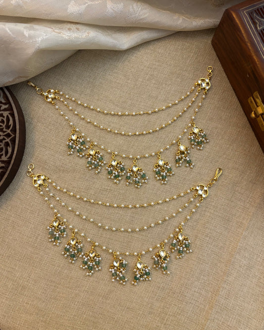 Three Layer Gold Plated Pearl Kundan Earchains | EC079