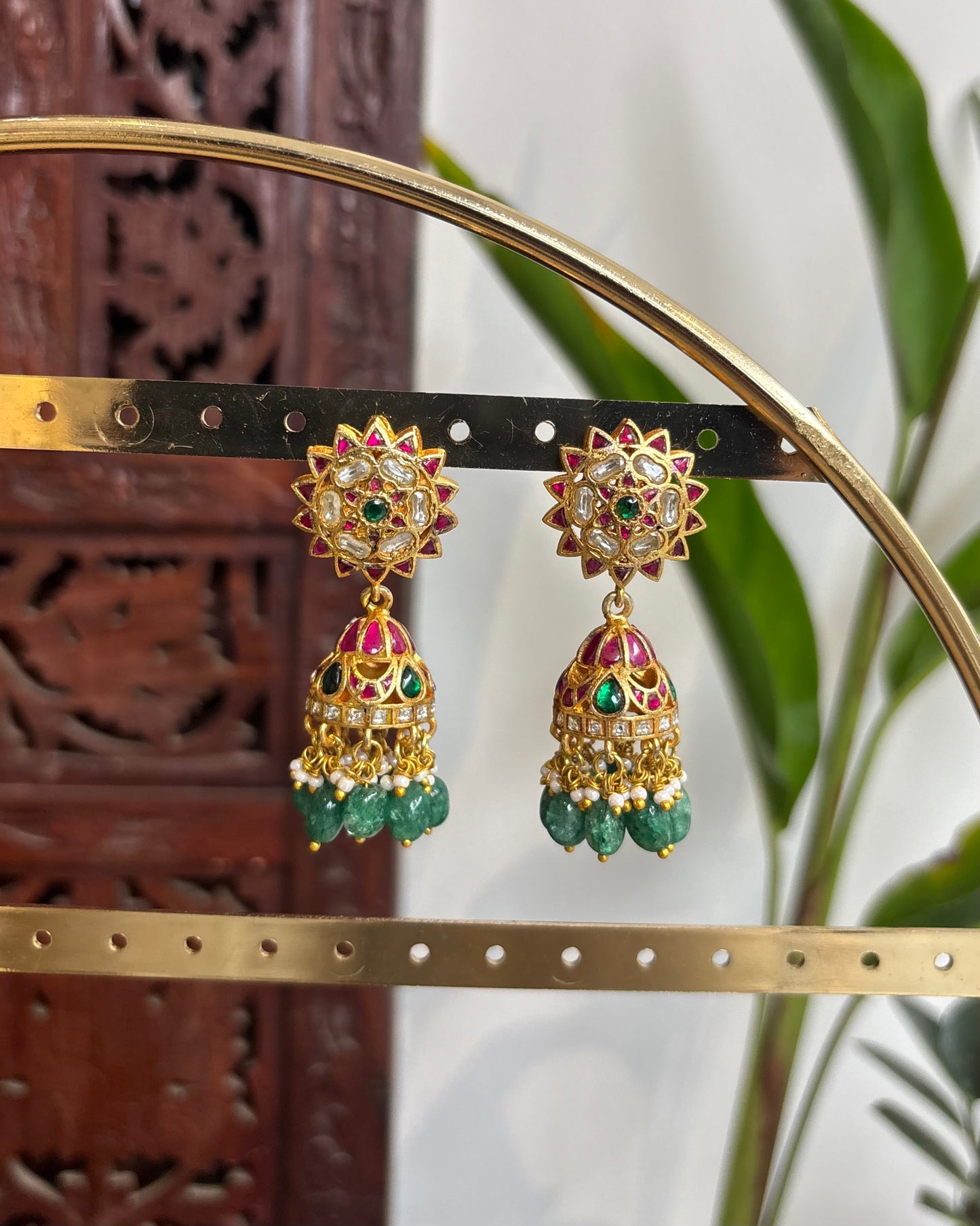 Multicolor Floral Jadau Kundan Jhumkas with Pearl Hangings | ER177
