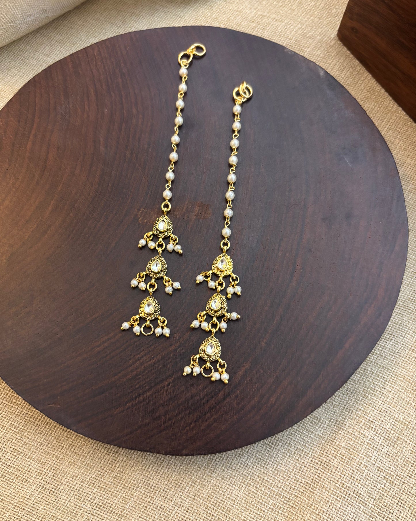 White Jadau Kundan Straight Maattal | Gold Plated Finish | EC081