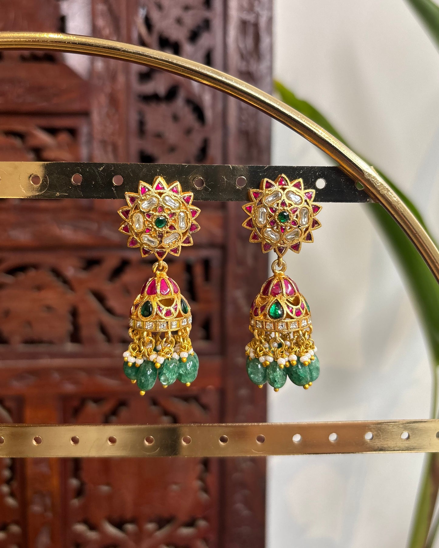 Multicolor Floral Jadau Kundan Jhumkas with Pearl Hangings | ER177
