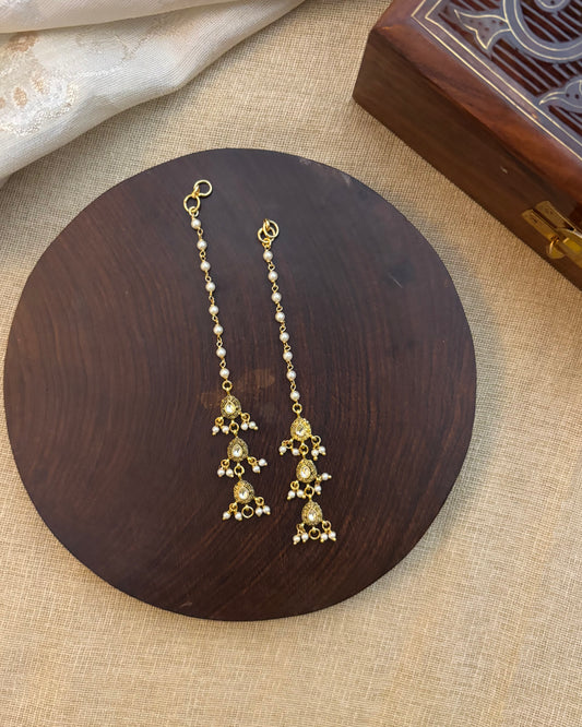 White Jadau Kundan Straight Maattal | Gold Plated Finish | EC081
