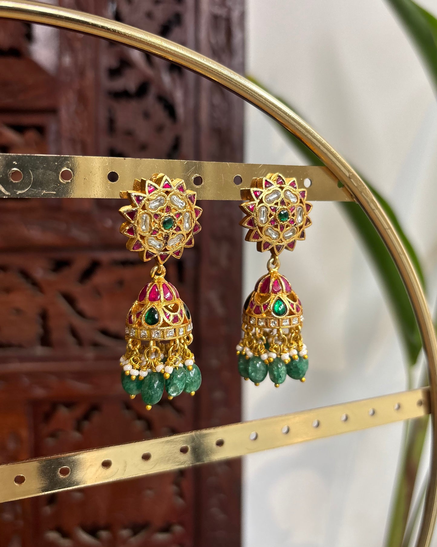Multicolor Floral Jadau Kundan Jhumkas with Pearl Hangings | ER177