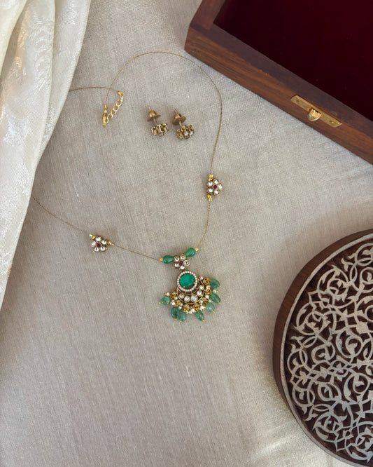 Jadau Kundan Invisible Chain Necklace with Earrings | Green | NC570