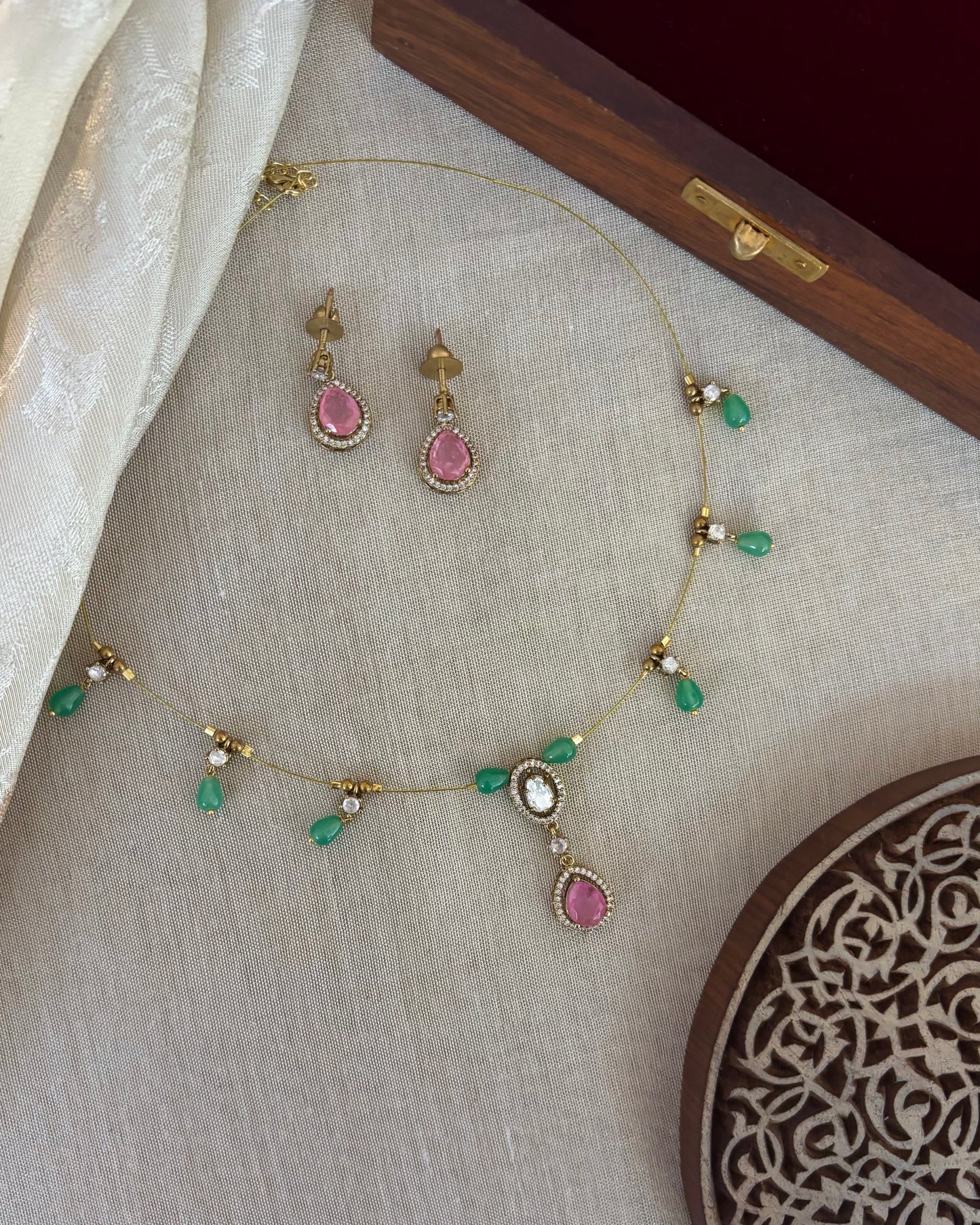 Jadau Kundan Invisible Chain Necklace with Earrings | Ruby | NC574