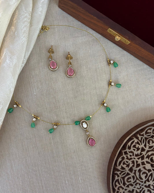 Jadau Kundan Invisible Chain Necklace with Earrings | Ruby | NC574