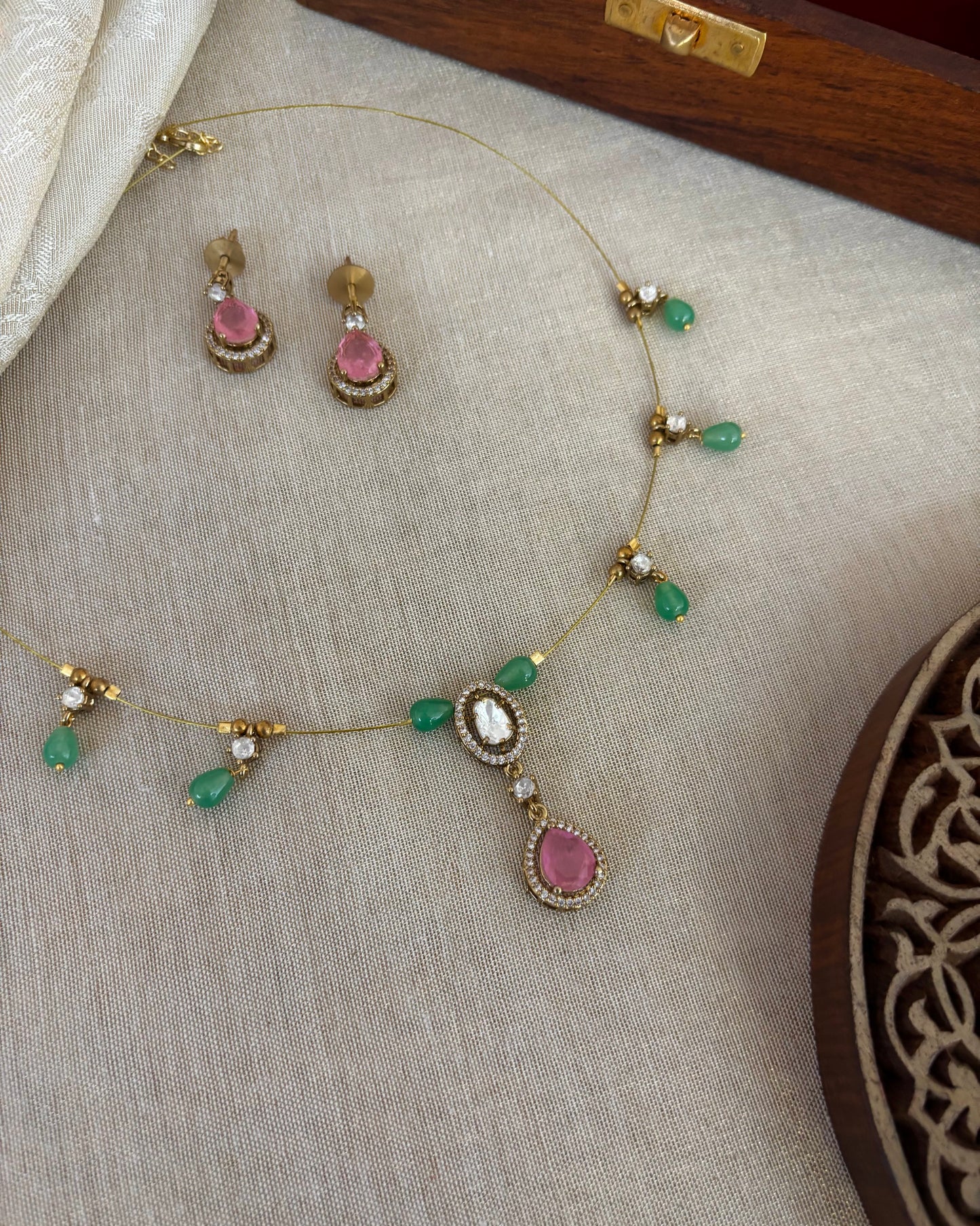 Jadau Kundan Invisible Chain Necklace with Earrings | Ruby | NC574