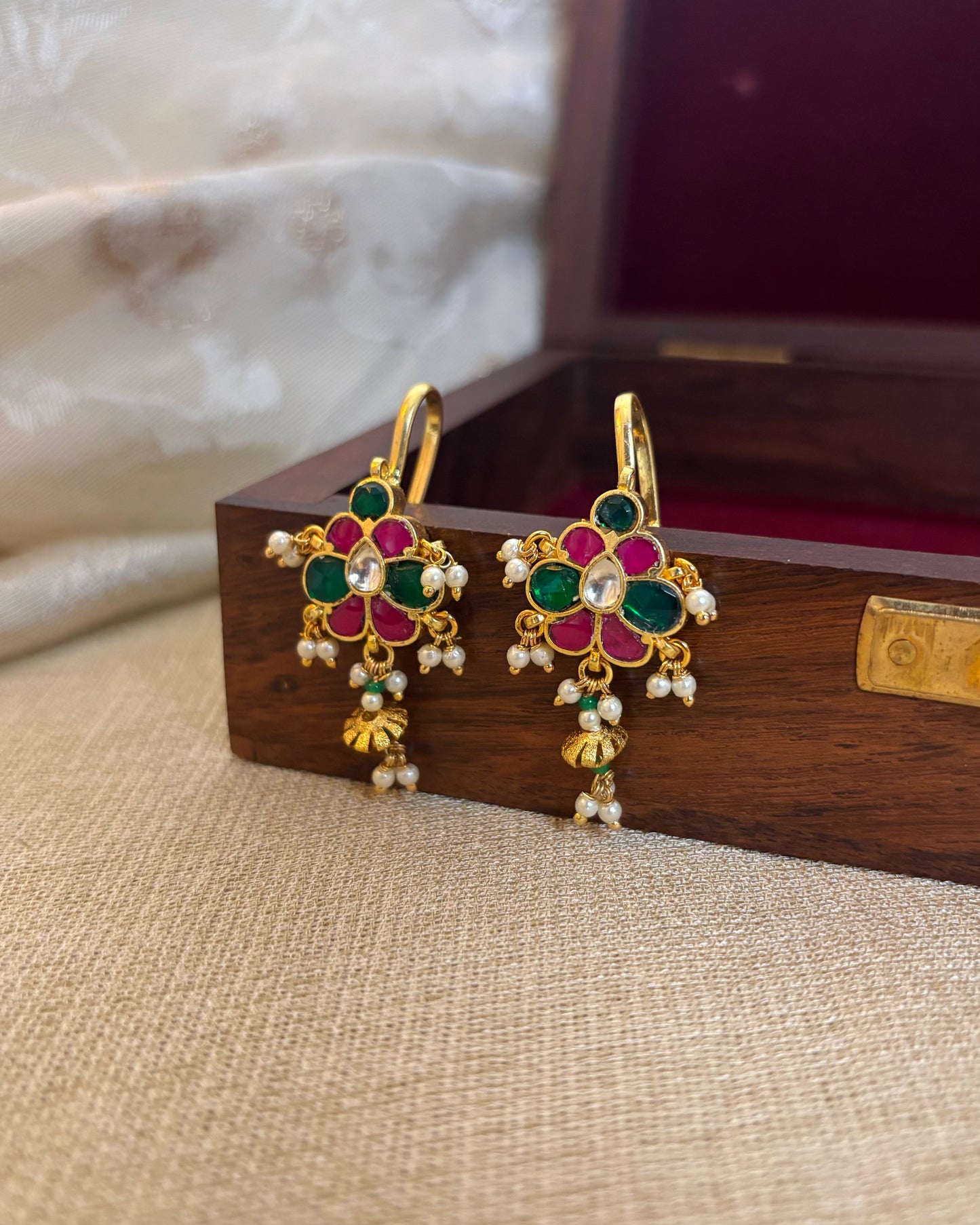 Multicolor Floral Gold-Finish Jadau Bugadi | ER116